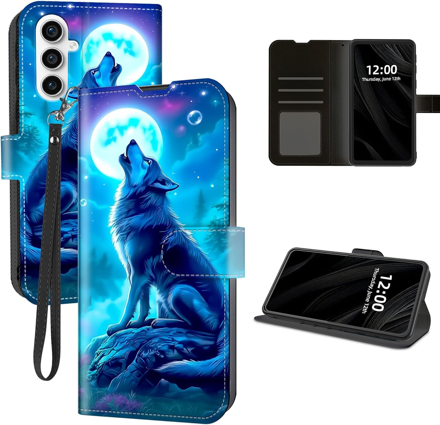 for Samsung Galaxy A16 5G Phone Case Wallet with Card Holder, Wolf Howling at Blue Moon RFID Blocking Leather Flip Cover Kickstand and Magnetic Snap