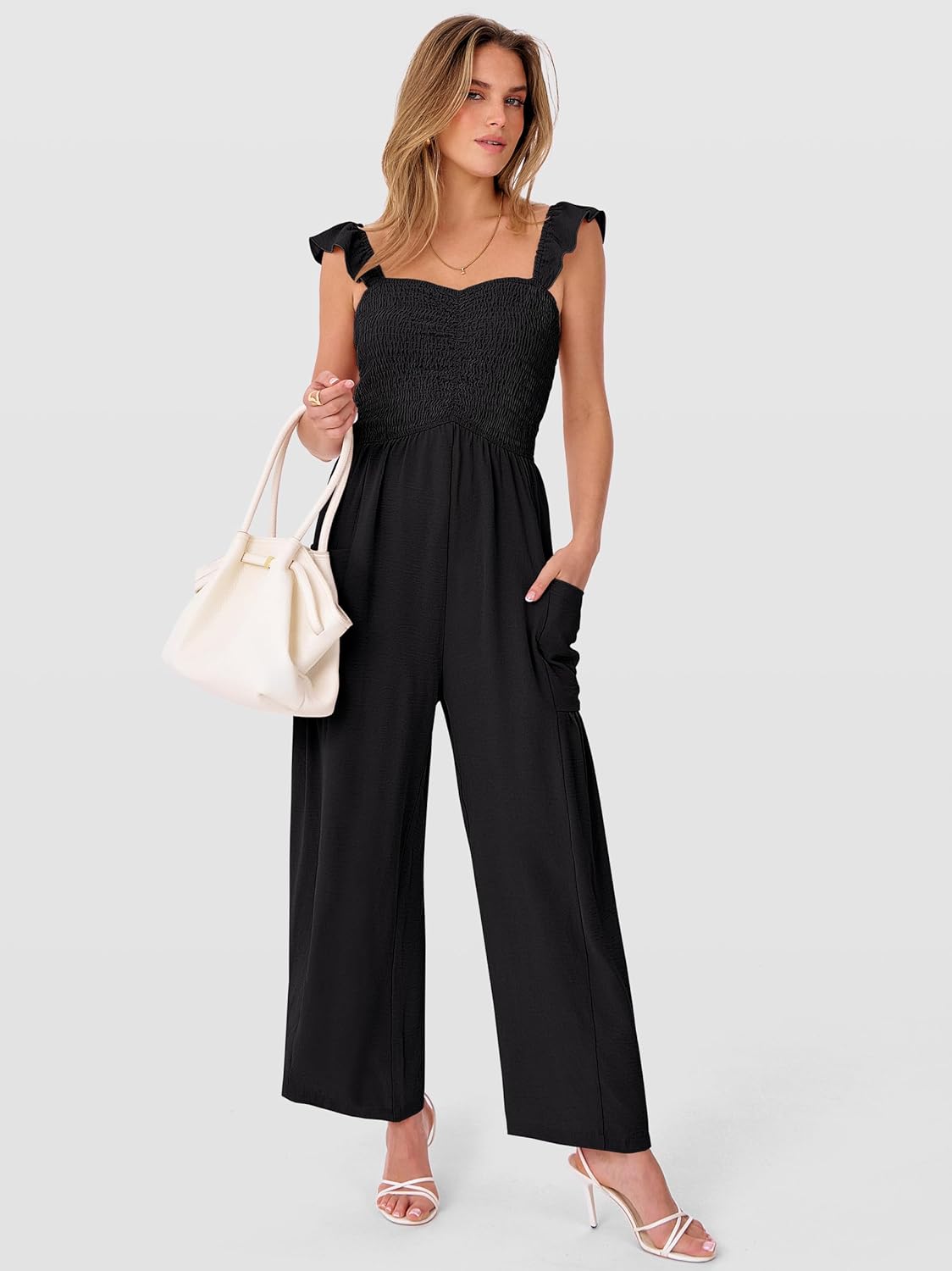 ANRABESS Jumpsuits for Women Dressy One Piece Summer Outfits Wide Leg Sleeveless Smocked Romper Jumpers Casual Beach Overalls - Image 3
