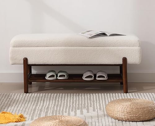 Miniatura 6 de EALSON Moderno banco otomano de almacenamiento, tapizado de sherpa, con asiento y zapatero de madera, banco de entrada largo para dormitorio, sala