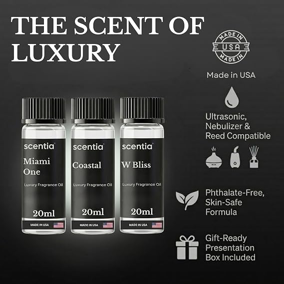 Scentia Hotel Diffuser Oil Gift Set, 3x20ml - Miami One, Coastal & W Bliss Fragrance Oils Inspired by 1 Hotel Miami & W Hotel - Made in USA, IFRA Certified - Aromatherapy Discovery Set