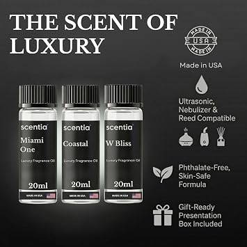 Scentia Hotel Diffuser Oil Gift Set, 3x20ml - Miami One, Coastal & W Bliss Fragrance Oils Inspired by 1 Hotel Miami & W Hotel - Made in USA, IFRA Certified - Aromatherapy Discovery Set