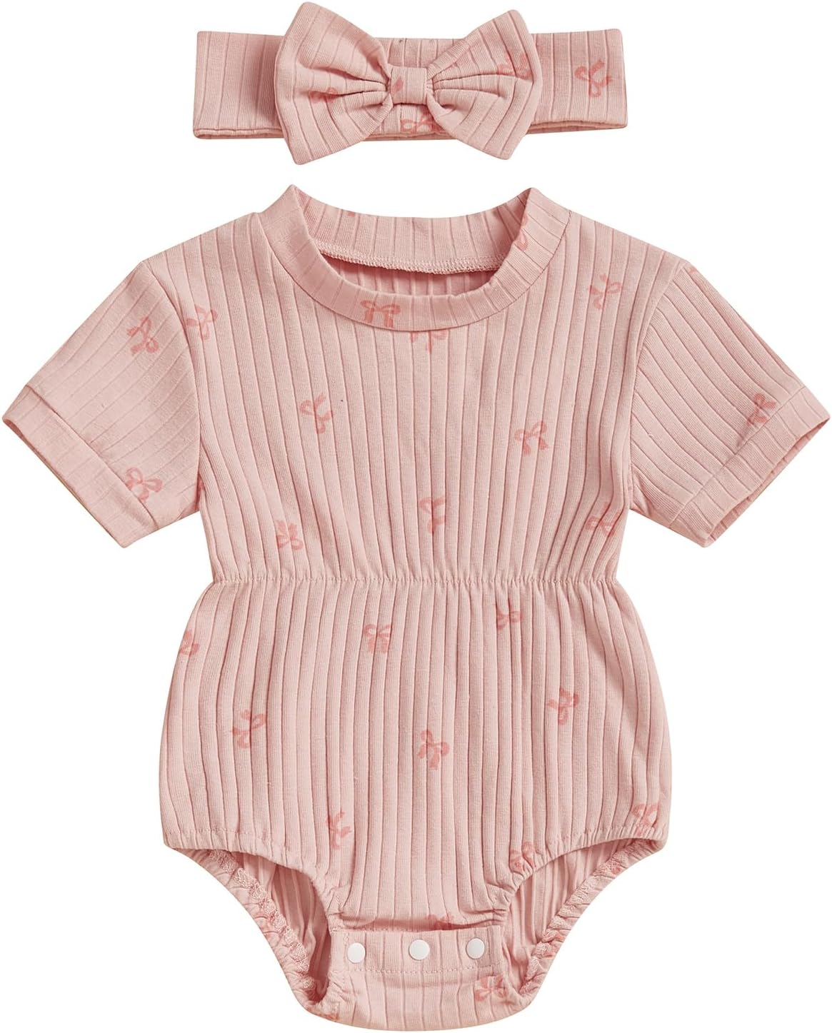 Newborn Baby Girl Romper Summer Clothes Bow Print Short Sleeve Ribbed Bodysuit Jumpsuit Headband Outfits