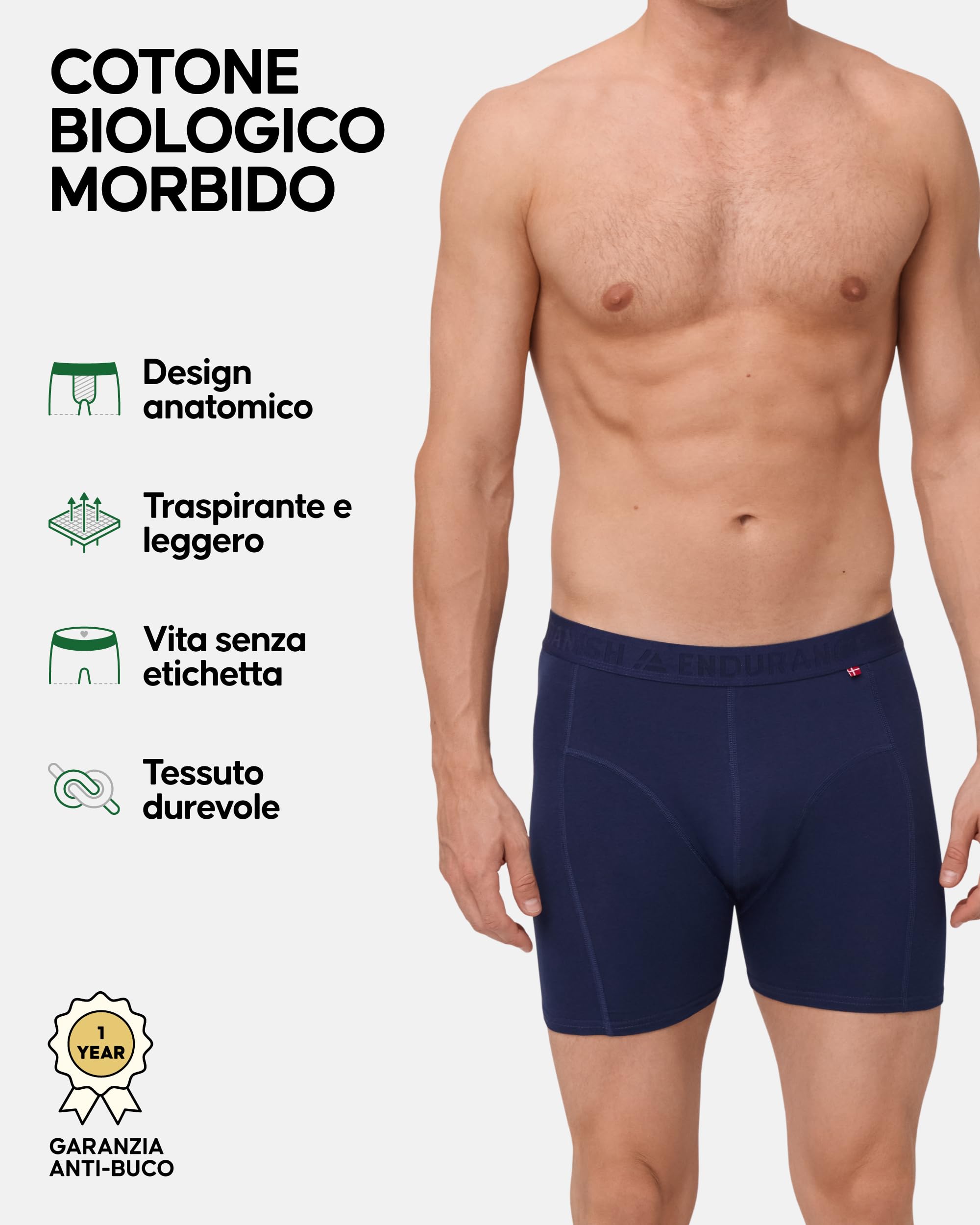 DANISH ENDURANCE Boxer Uomo Cotone Biologico 100%, Mutande Uomo Morbide e Traspiranti, Senza Etichetta, 3 o 6 Paia