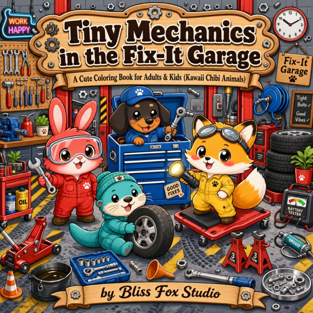 Tiny Mechanics in the Fix-It Garage: A Cute Coloring Book for Adults & Kids (Kawaii Chibi Animals)