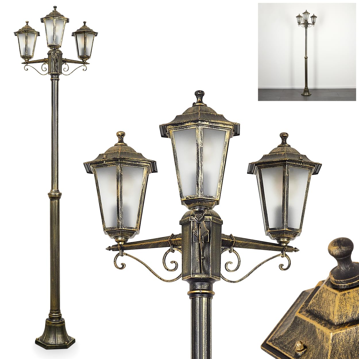 Lampe d'allée extérieure Loria, lampe d'allée en métal/verre en couleur or-brun/blanc, candélabre à 3 flammes en look antique, hauteur max. 200 cm, éclairage de jardin IP44, 3 x E27, sans ampoules