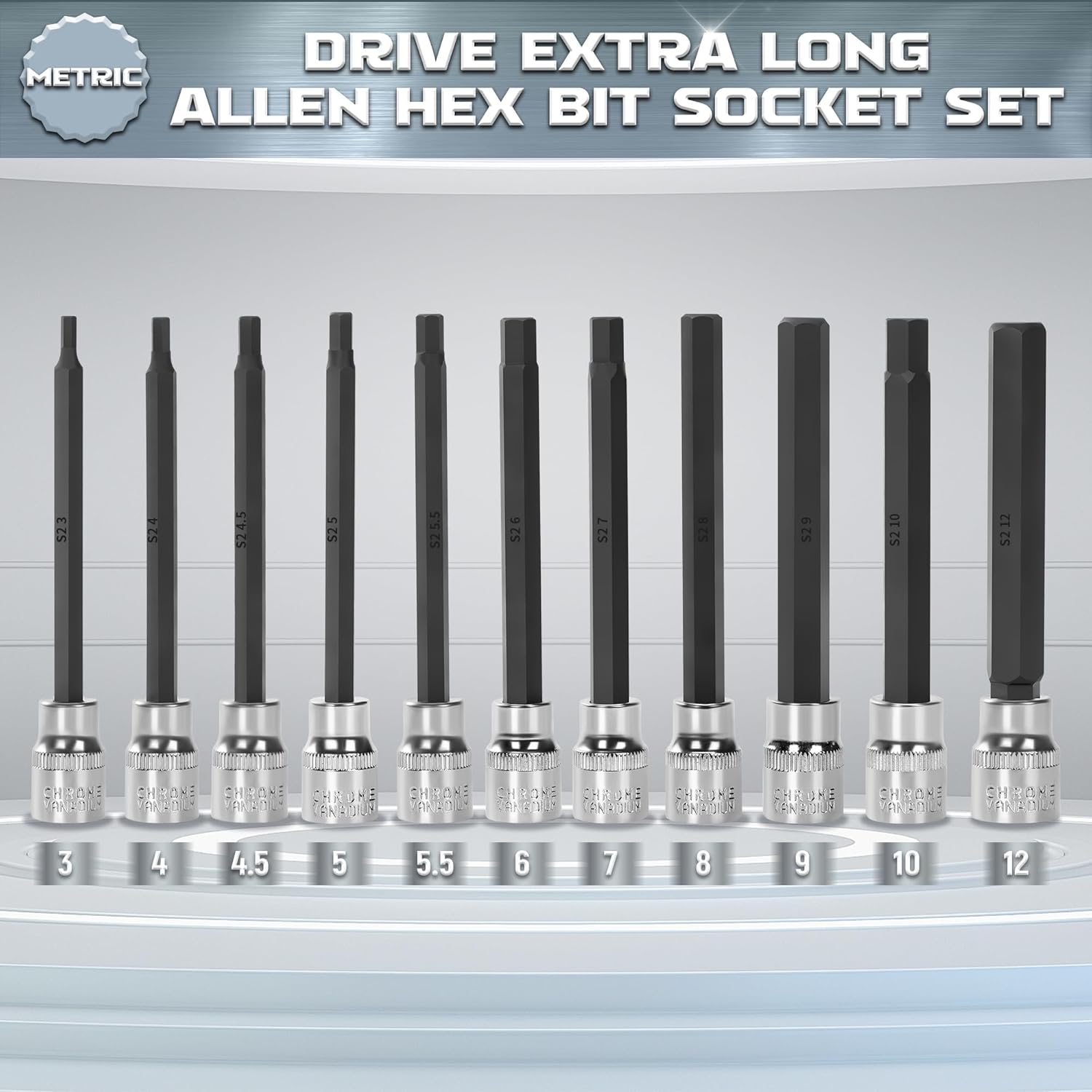 ALOANES 3/8 Inch Drive Extra Long Allen Hex Bit 19 PCs Socket Set, Standard SAE (1/8" - 3/8"), Metric(3mm-12mm)