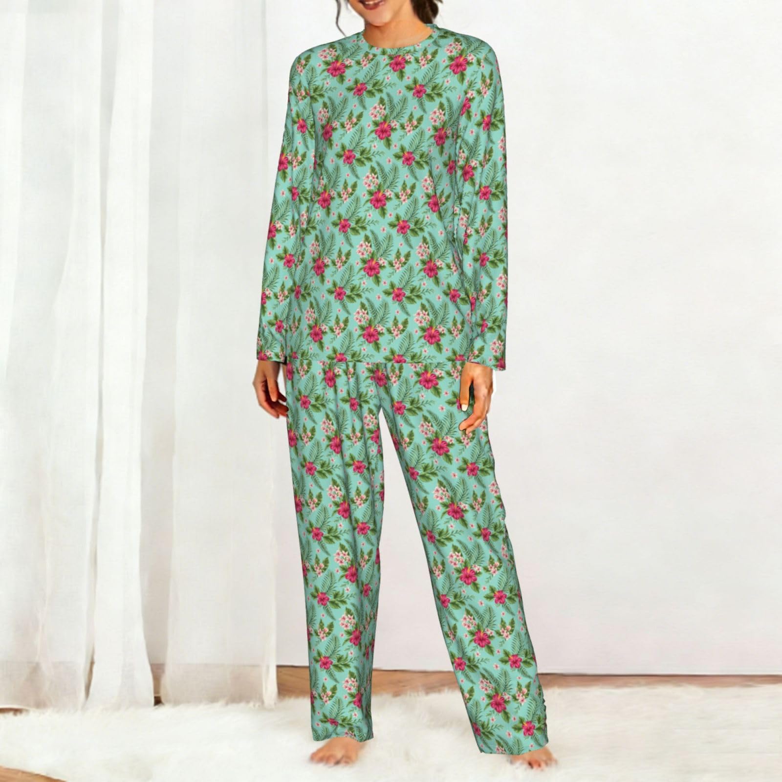 Pigiama da donna a maniche lunghe con stampa di fiori tropicali hawaiani morbido elastico coulisse casual Daywear
