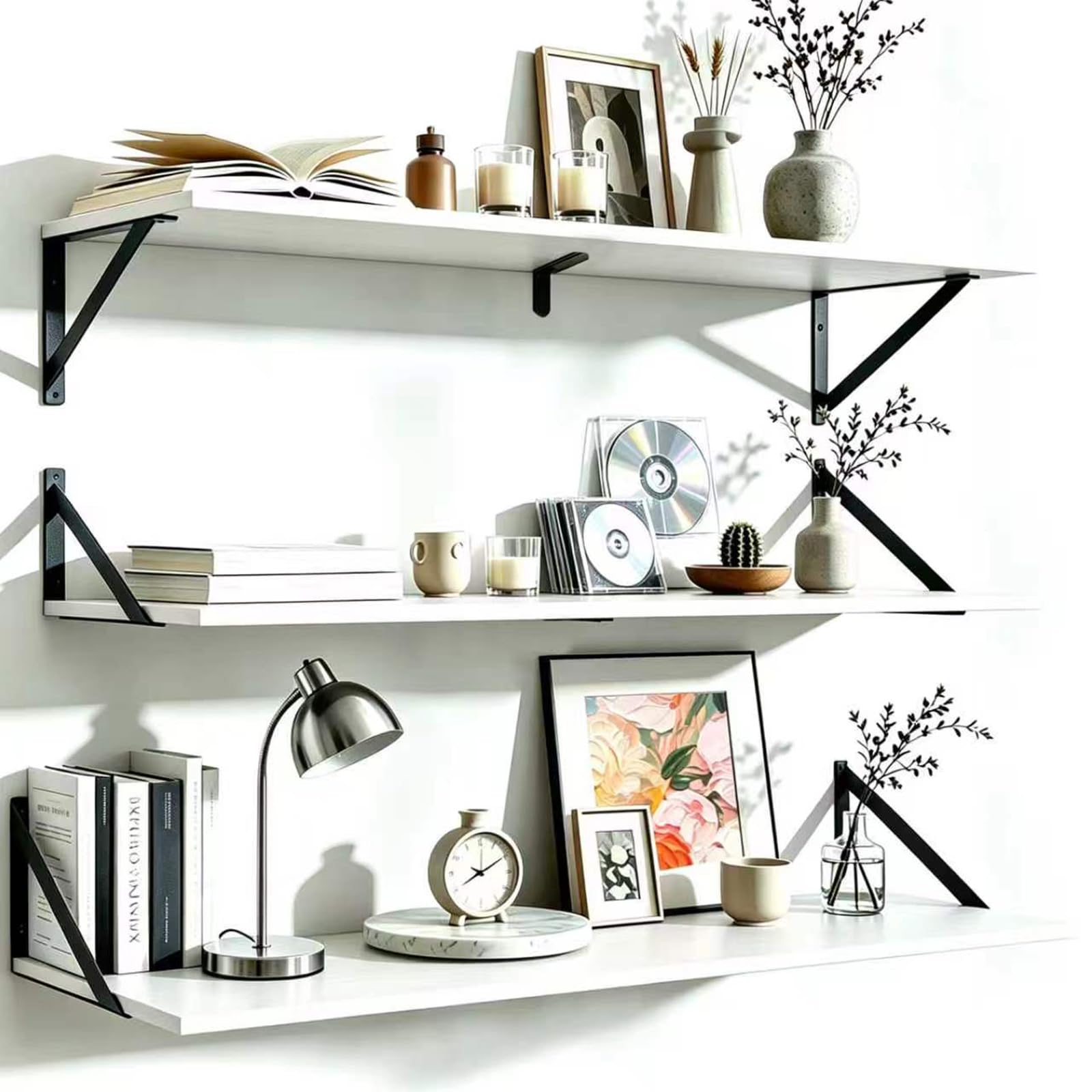 White Long Shelves for Wall 90 x 20cm, Bedroom Wooden Book Shelf 3pc