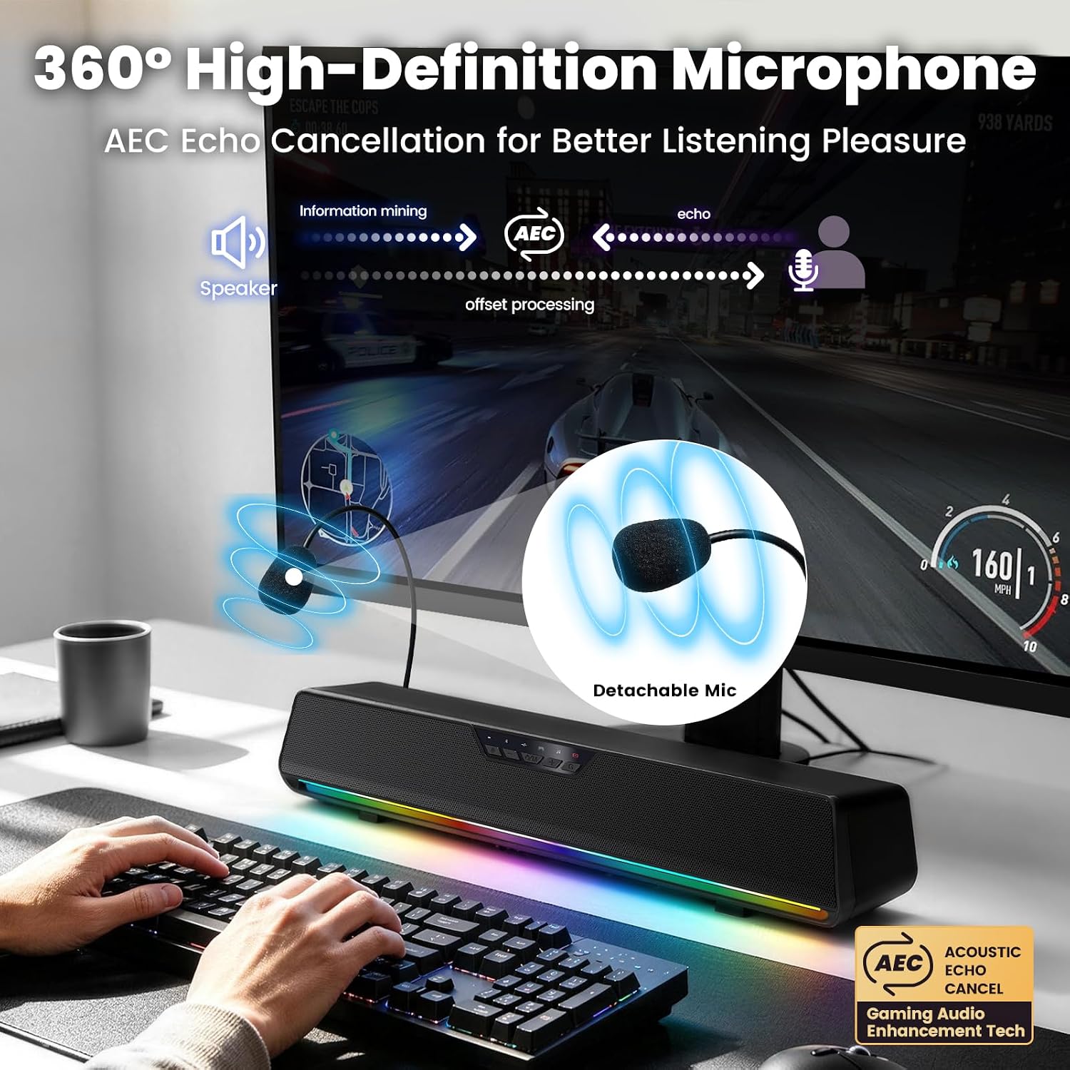 Computer Speakers for Desktop PC, Computer Sound Bar with Detachable Microphone,Gaming Speakers, Plug & Play, PC Speakers for Laptop, Tablet