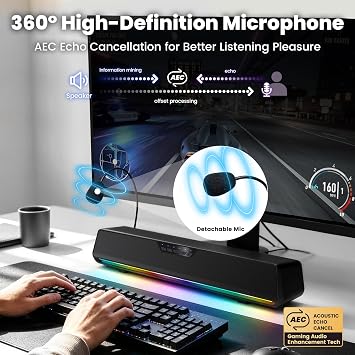 Computer Sound Bar with Detachable Microphone,USB Plug & Play, Bluetooth 5.4, Gaming Speakers for Computer Desktop, PC, Laptop, Tablet