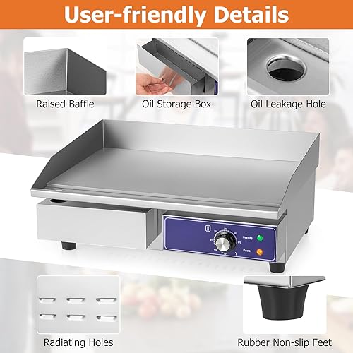Miniatura 4 de Happygrill Plancha eléctrica comercial de 22 pulgadas, parrilla plana de acero inoxidable con control de temperatura ajustable de 122  a 572 ,