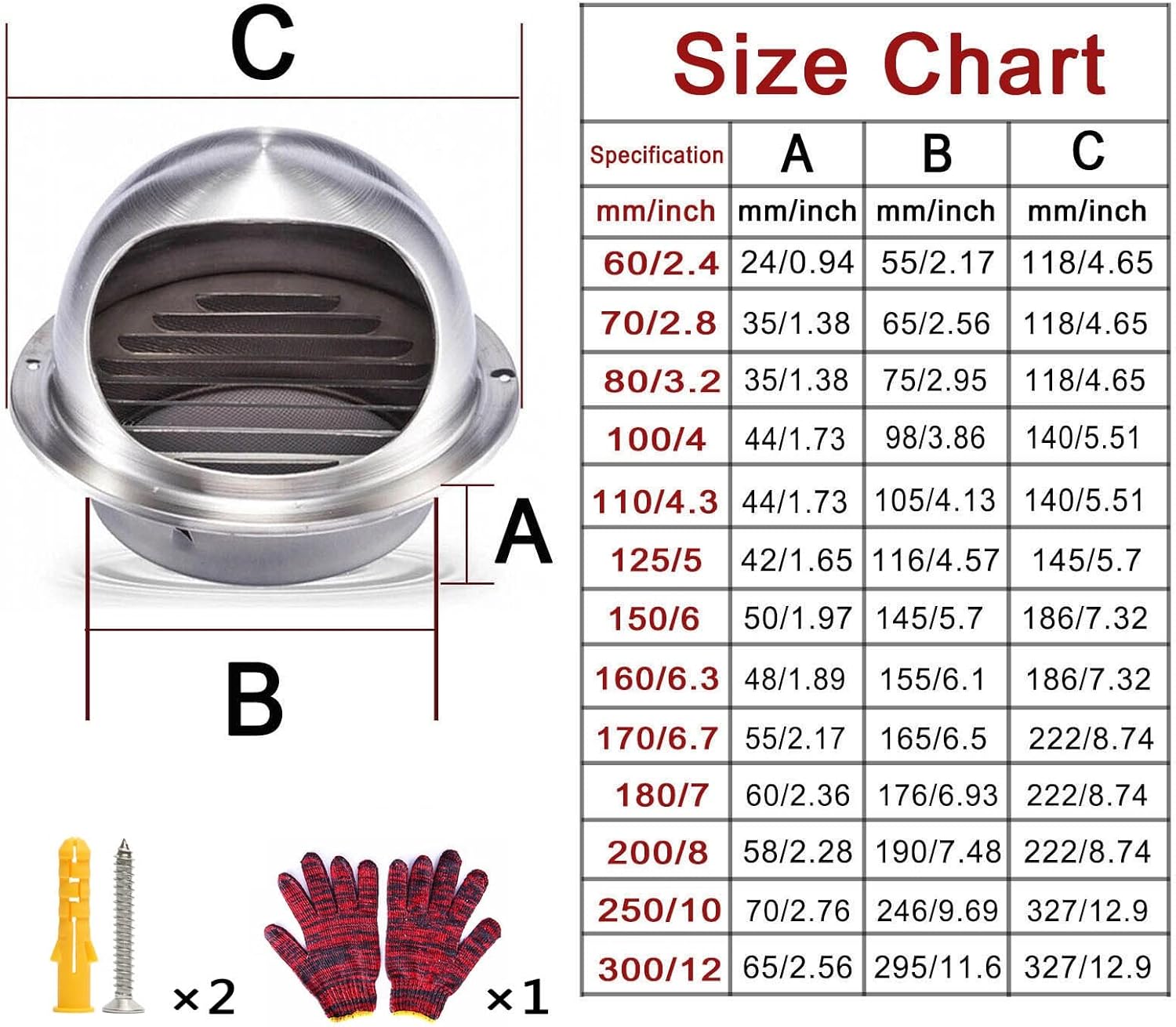304 Stainless Steel Wall Vent Outlet, Round External Extractor ?60/100/125/170/200mm, Vent Built-in Fly Screen Mesh, Soffit Vents for Apartment Ventilation, Home Decor(Silver 12in/300mm)