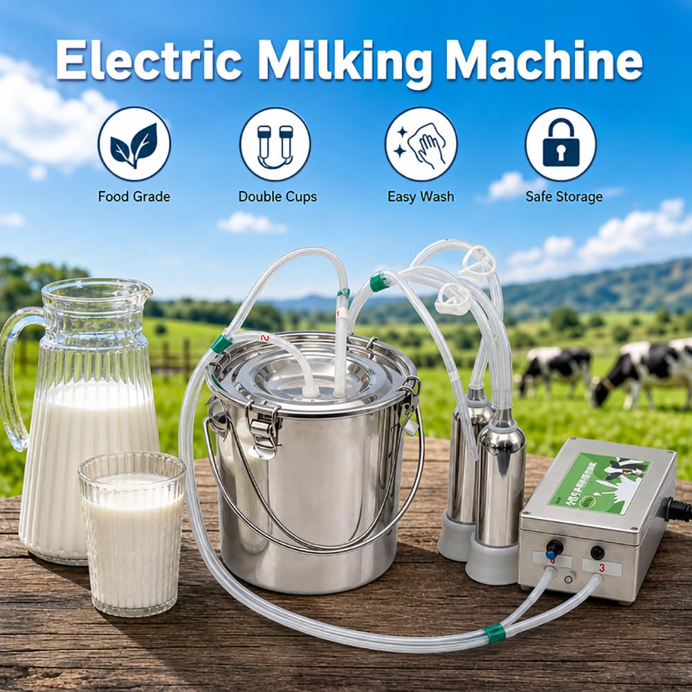 5L Kuhmelkmaschine,Pulsations-Melkmaschine, Milcheimer aus Edelstahl und Direktsaugpumpe,Regulierung der Pulsationsgeschwindigkeit, automatischer Stopp wenn sie mit Milch,für Kuh