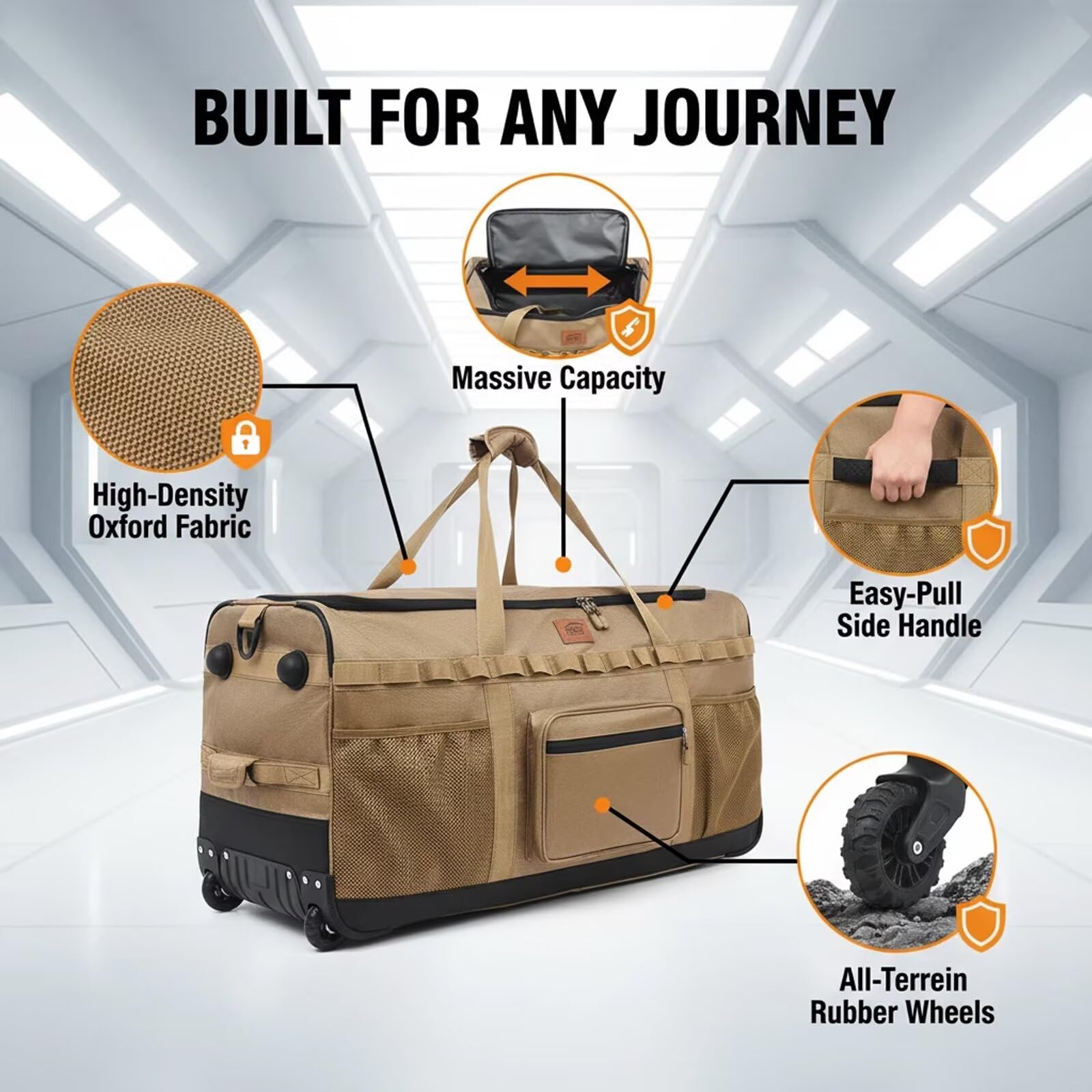 Duża płócienna torba podróżna - rozszerzalna torba marynarska - przestronna torba weekendowa na wakacje, siłownię i długie podróże, Khaki