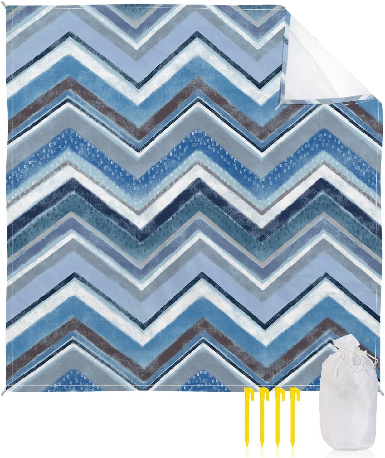 Northern Europe Minimalist Watercolor Stripe Beach Blanket Waterproof Sandproof Outdoor Picnic Mat 83"x79" Chevron Ripple Lines Lightweight Large Beaach Blankets with 4 Stake & 4 Corner Pockets