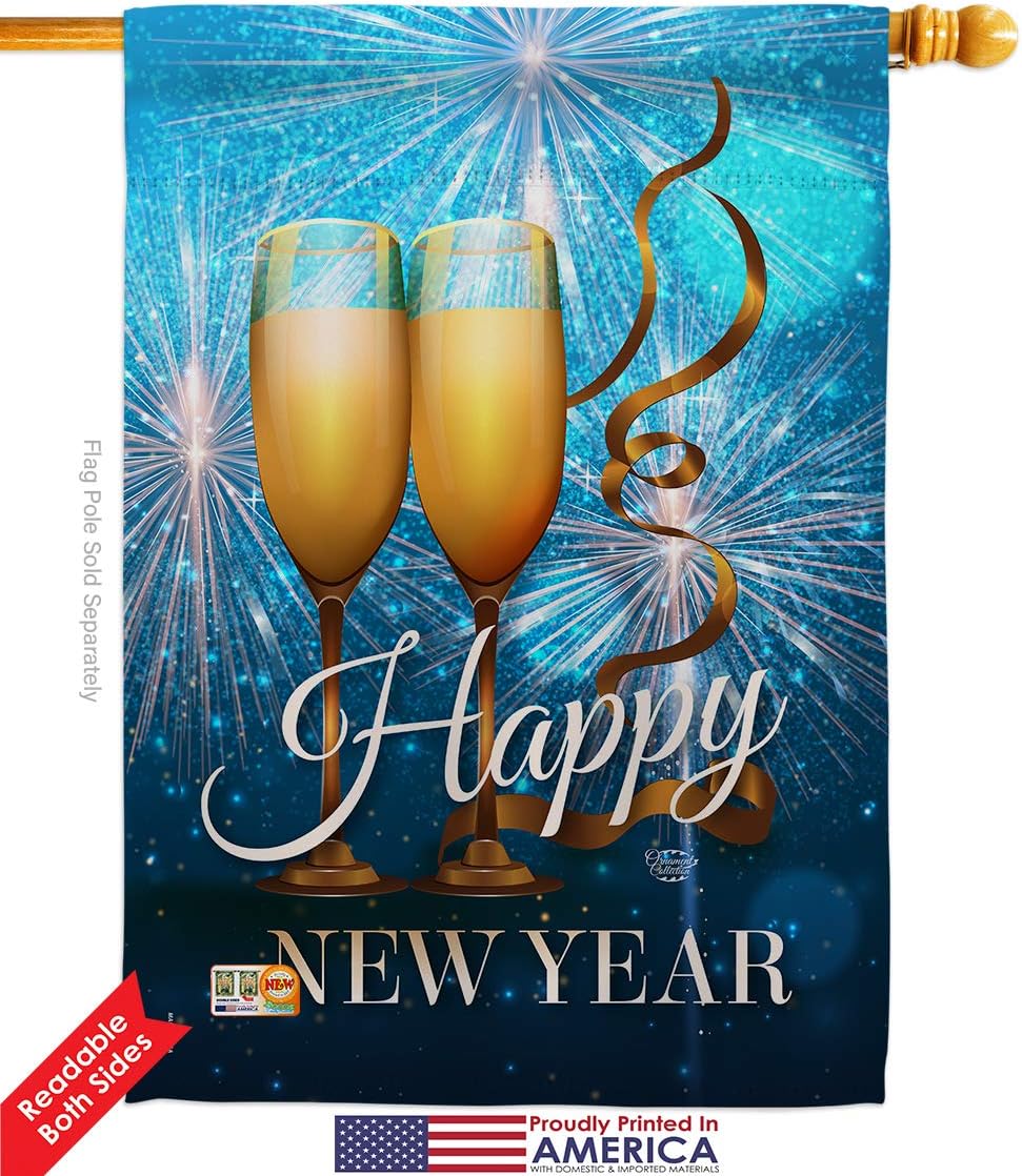 New Year Fireworks House Flag Clock Countdown Champagne Party Celebrate Small Decorative Gift Yard Banner Double-Sided Made In USA 28 X 40