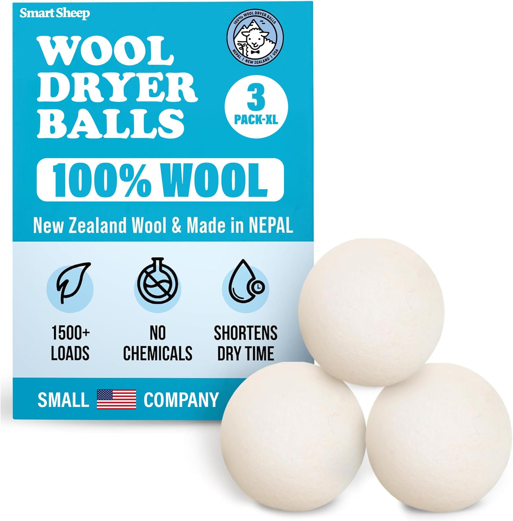 Smart Sheep Reusable Wool Dryer Balls, 3-Pack