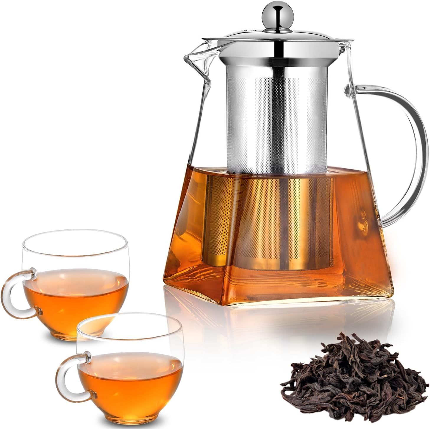 PluieSoleil 550ML Borosilicate Glass Teapot Set, Loose Leaf Teapots with Infuser, Square Tea Pot with Strainer & 2 Cups