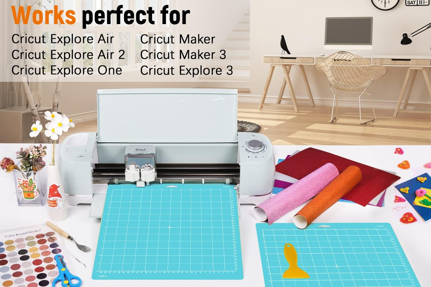Colemoly 12x12 Cutting Mat 4 Pack Light for Cricut Maker 3/Maker/Explore 3/Air 2/Air/One 1 Pack Cut Cards Scraper Blue Grip Sticky Cricket Replacement Accessories Pad for Supplies,Crafts,Quilting