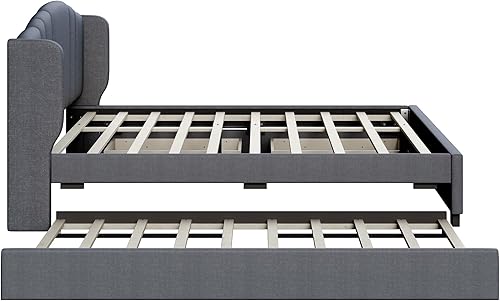 Miniatura 25 de Elegante cama con plataforma tapizada de terciopelo de tamaño Queen con cabecero, para niños, niñas y adolescentes (beige @cabecero/, Queen)