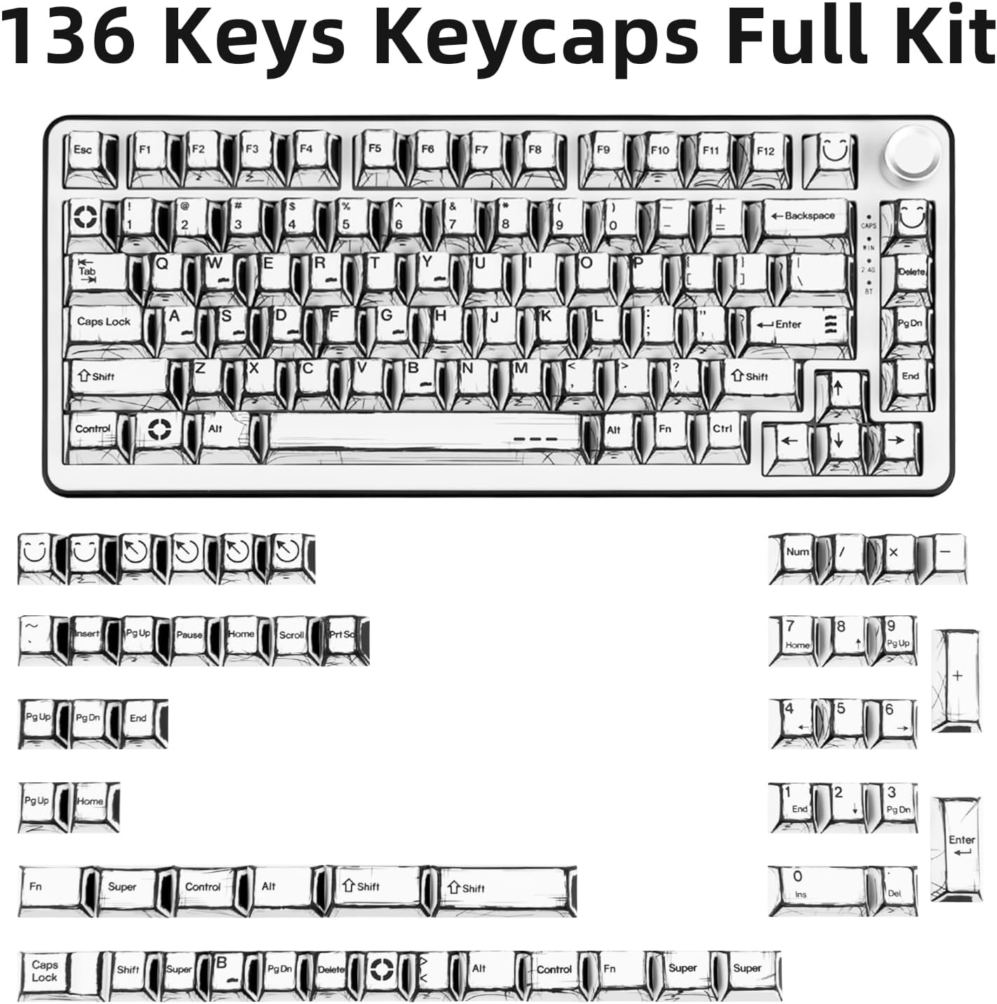 PBT White Keycaps 136 Keys Manga Theme Custom Keycap Set, Cherry Profile Dye-Sublimation Key caps for 61/64/68/84/87/100/104/108 Cherry Gateron MX Switches Mechanical Keyboard