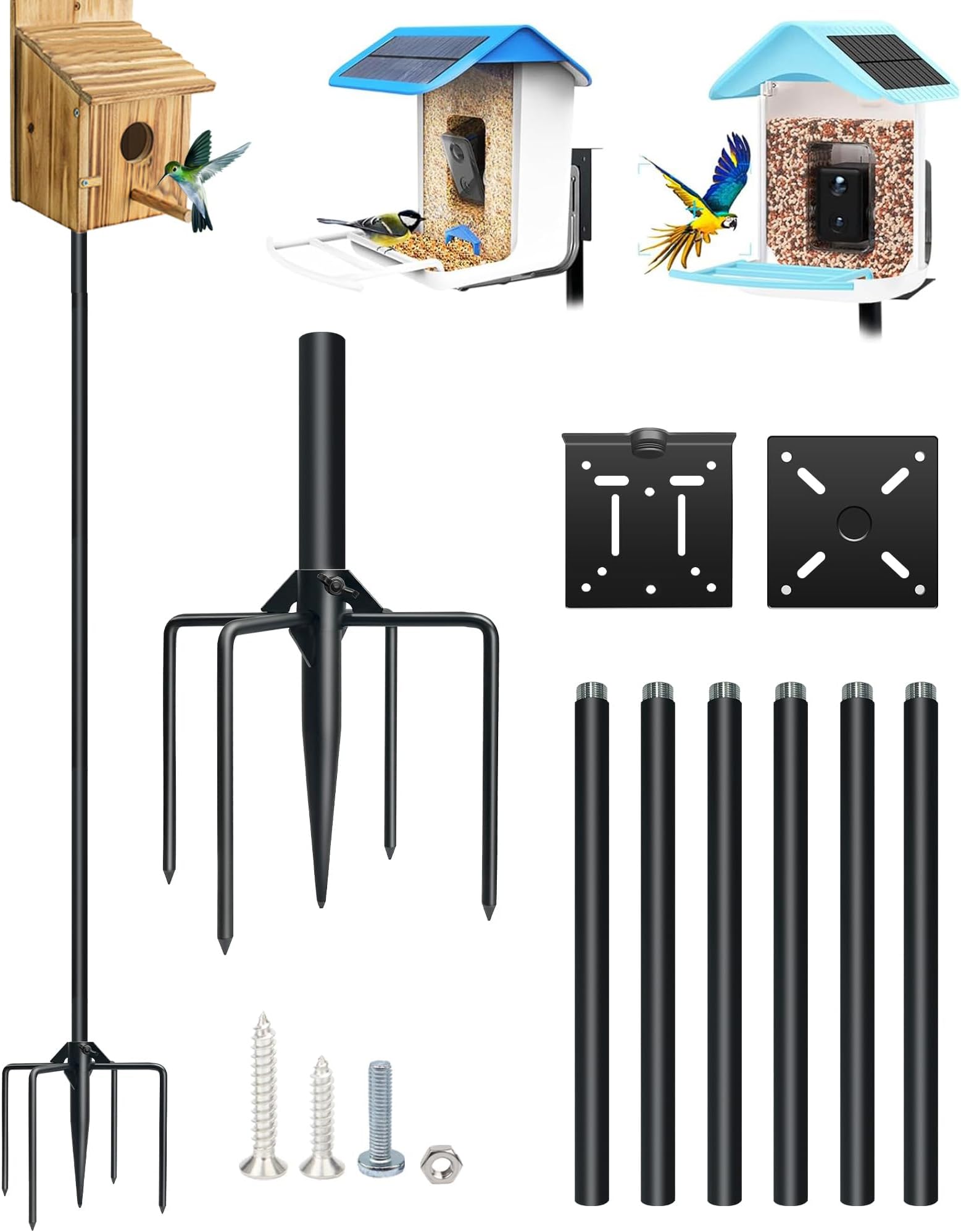 QwayHome80In Smart Bird House Poles, 1Inch Dia Poles, Outdoor Bird Feeder Pole Mount Kit for Smart Bird Feeder & Wooden Birdhouse & Weather Station, Heavy Duty, Adjustable, with 5-Prong Base