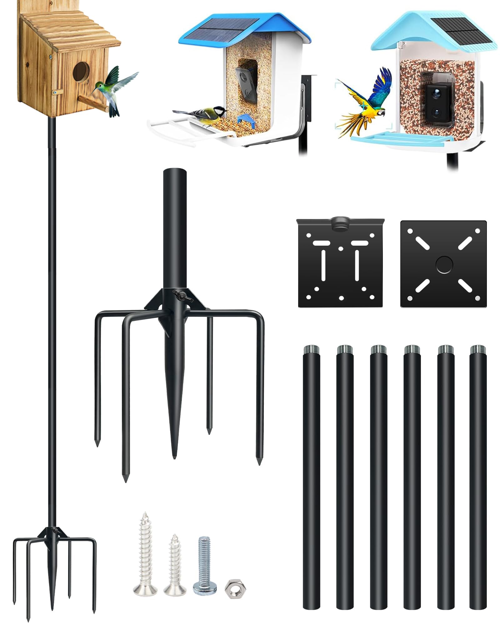 QwayHome80In Smart Bird House Poles, 1Inch Dia Poles, Outdoor Bird Feeder Pole Mount Kit for Smart Bird Feeder & Wooden Birdhouse & Weather Station, Heavy Duty, Adjustable, with 5-Prong Base