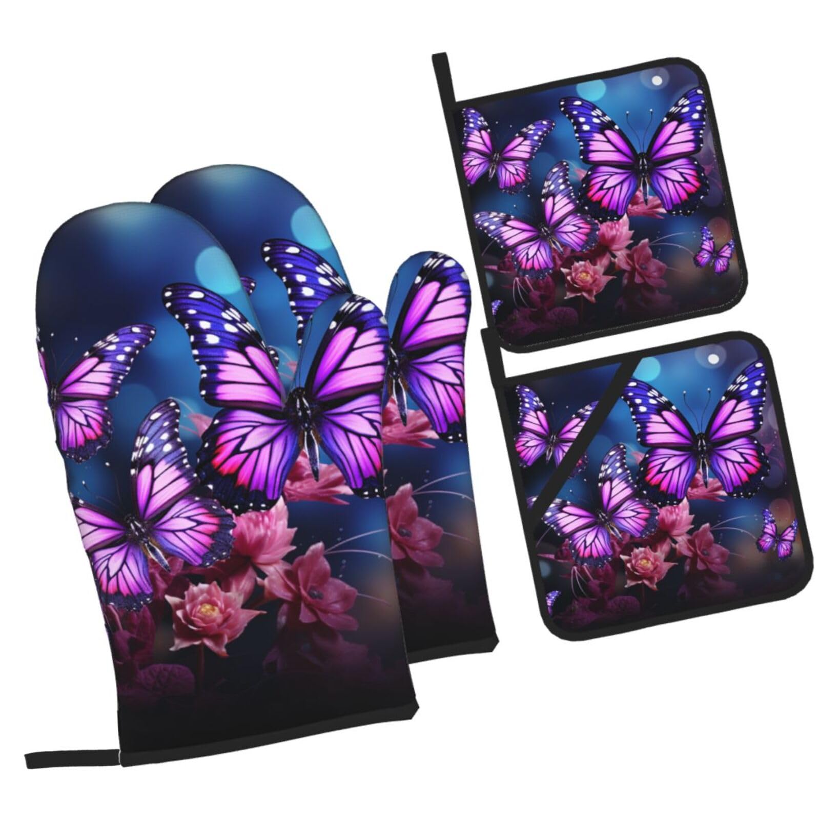 Maniques de cuisine anti-glisse et résistantes à 500 degrés motif papillons violets