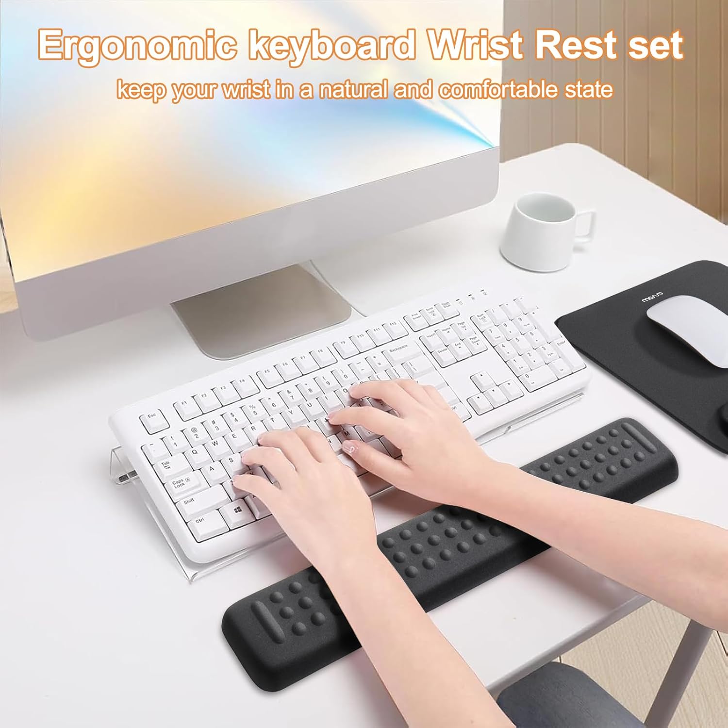 MOSISO Computer Keyboard Stand&Wrist Rest Support for Keyboard &Mouse Pad Set, Ergonomic Massage Wrist Rest Set, Easy Typing Working Acrylic Clear Stand for Office Home, Black
