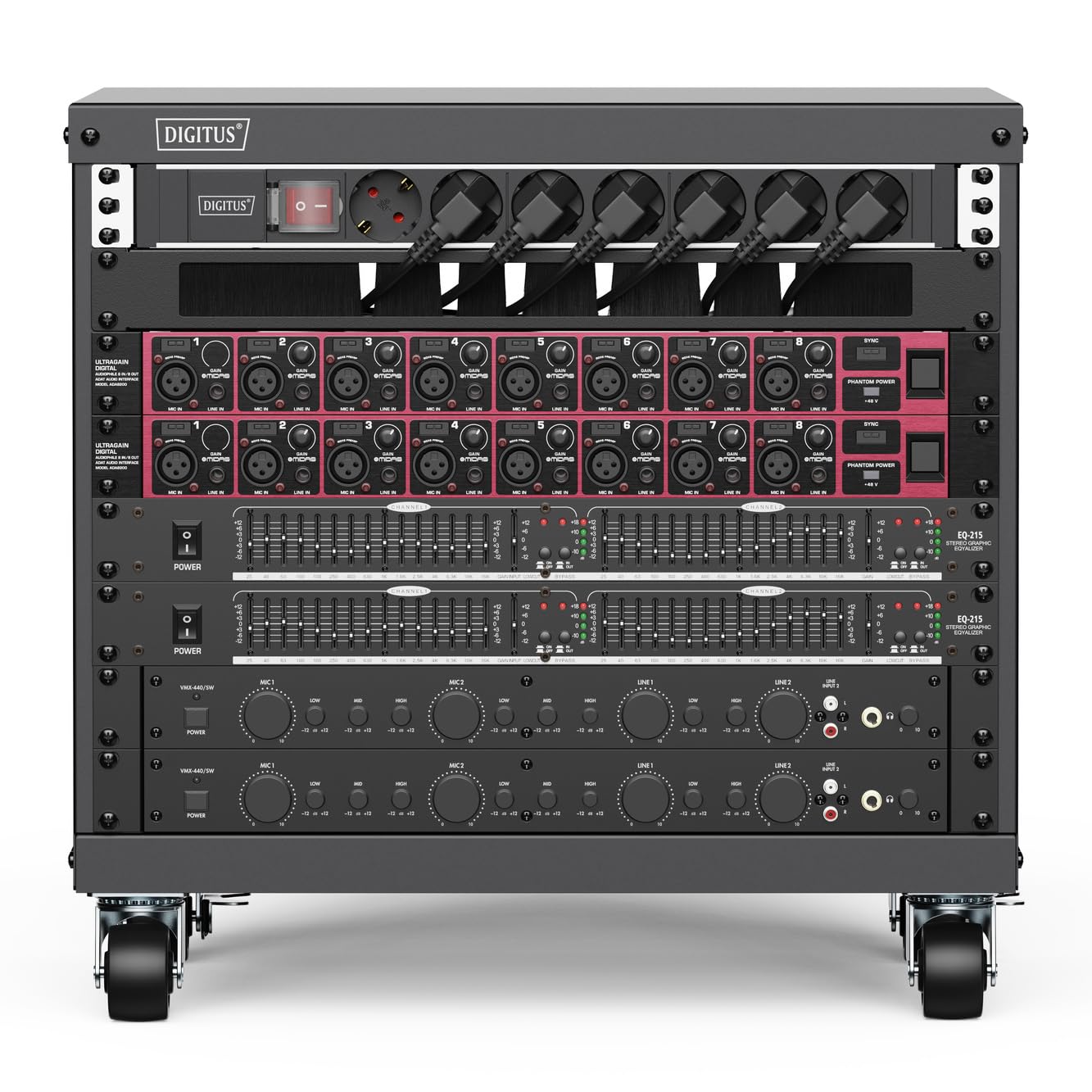 DIGITUS DN-48000 - Rack de Audio - 19 Pulgadas - 8U - Rack de Equipo Universal - para Accesorios de Audio y vídeo - Sin Montar - Carga máxima 136 kg - con Ruedas - Negro