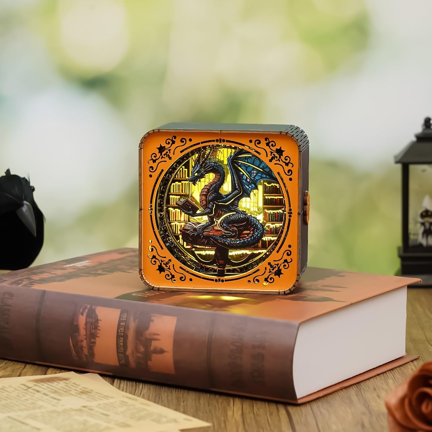 WOODBESTS Wooden Puzzles 3D Nightlight(Library's Dragon) DIY Wooden Puzzles for Adults-3D Wooden Puzzle Night Light for Seniors-Exquisite Desk Decor for DIY Puzzle Lovers