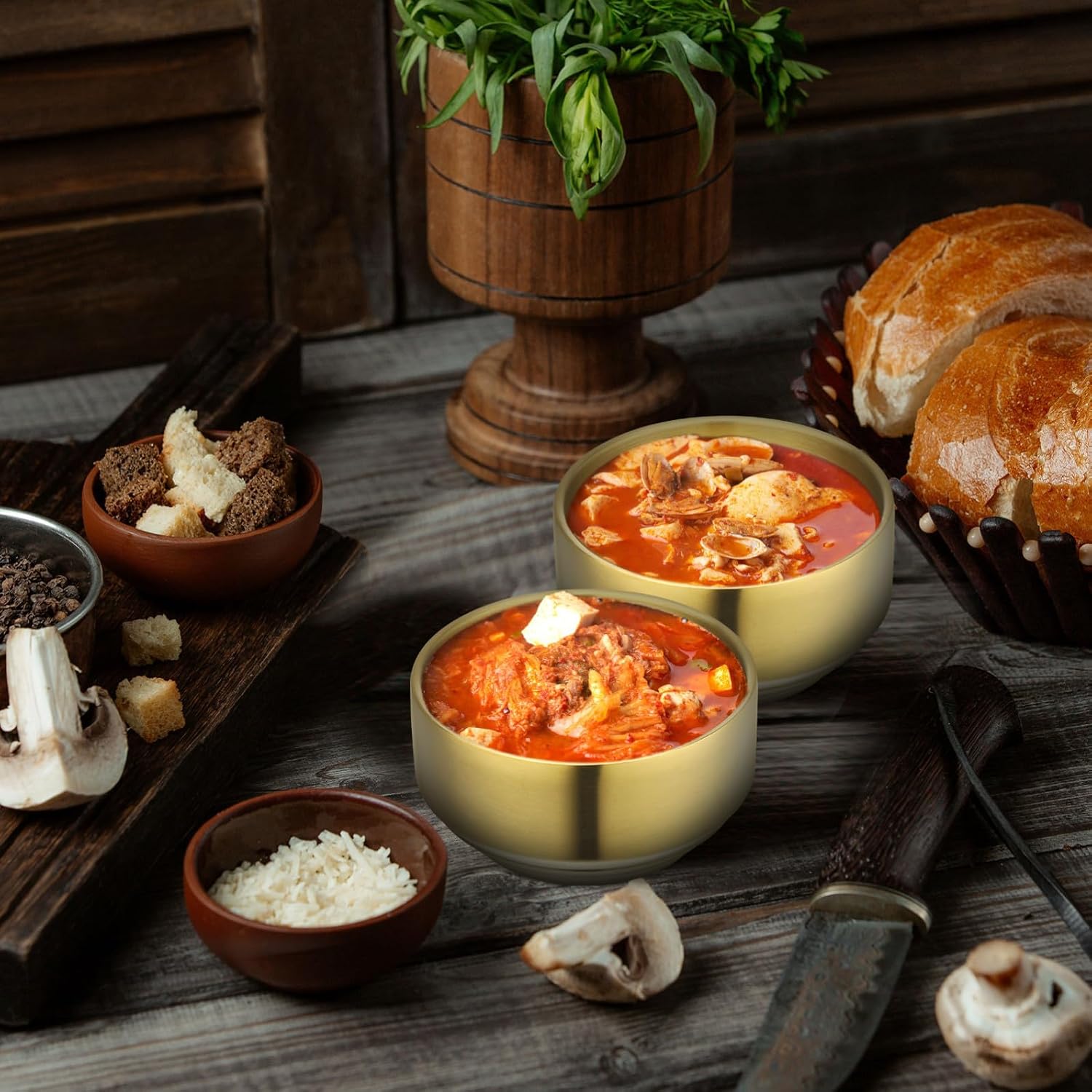 Stainless Steel Rice Bowls for Daily Meals and Special Gatherings 2 Pcs with Double Wall Insulation, Heat Resistant and Deformation Resistant Metal Bowls Elegant Golden Design