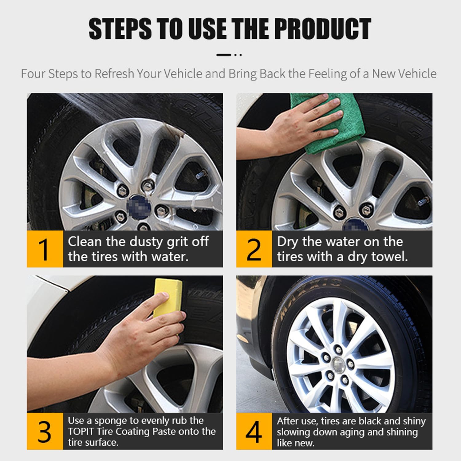Car Tire Shine with Sponge, 10.5oz/300g Tire Coating & Polishing Paste, Upgraded Long-Lasting Tire Reshine Paste for Cars Trucks Motorcycles RVs & More, Quick Glossy Effect
