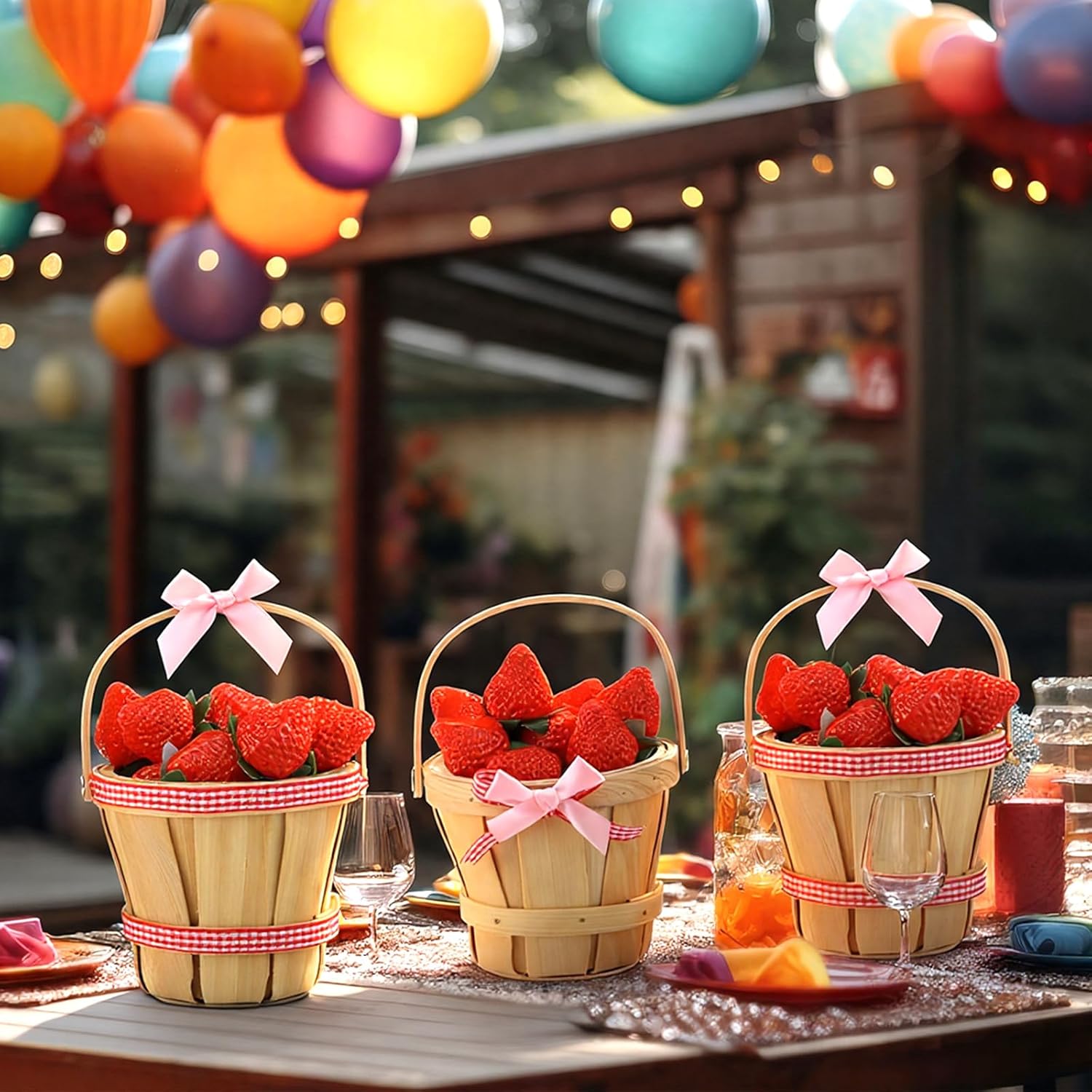 LemonRoad 6 Set Mini Strawberry Wooden Basket Decor 5.1 x 6.7 Inch Round Picnic Wooden Basket for Wedding Holiday Farmhouse Table Centerpiece and Home Decoration