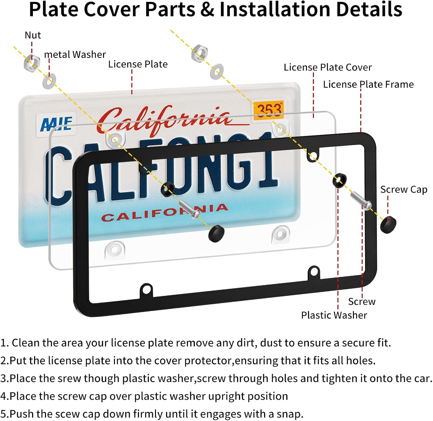 License Plate Covers & Frames, 2 Pack Clear Car Front and Rear License Plate Protector Holder with Screws & Caps, Unbreakable Car Licence Plate Frame, Universal for Most Standard US Plates - Image 6