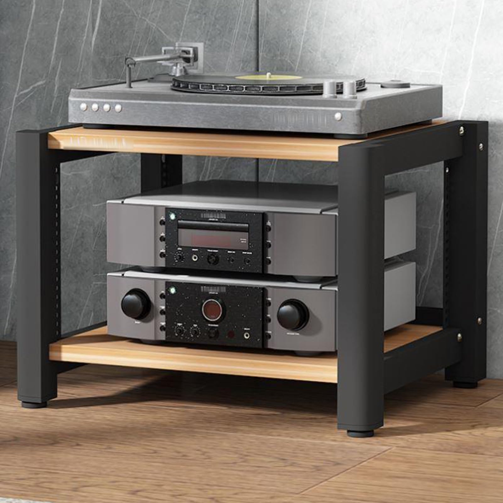 Meuble HiFi à niveaux avec étagère réglable en hauteur fini en noyer clair 40cm