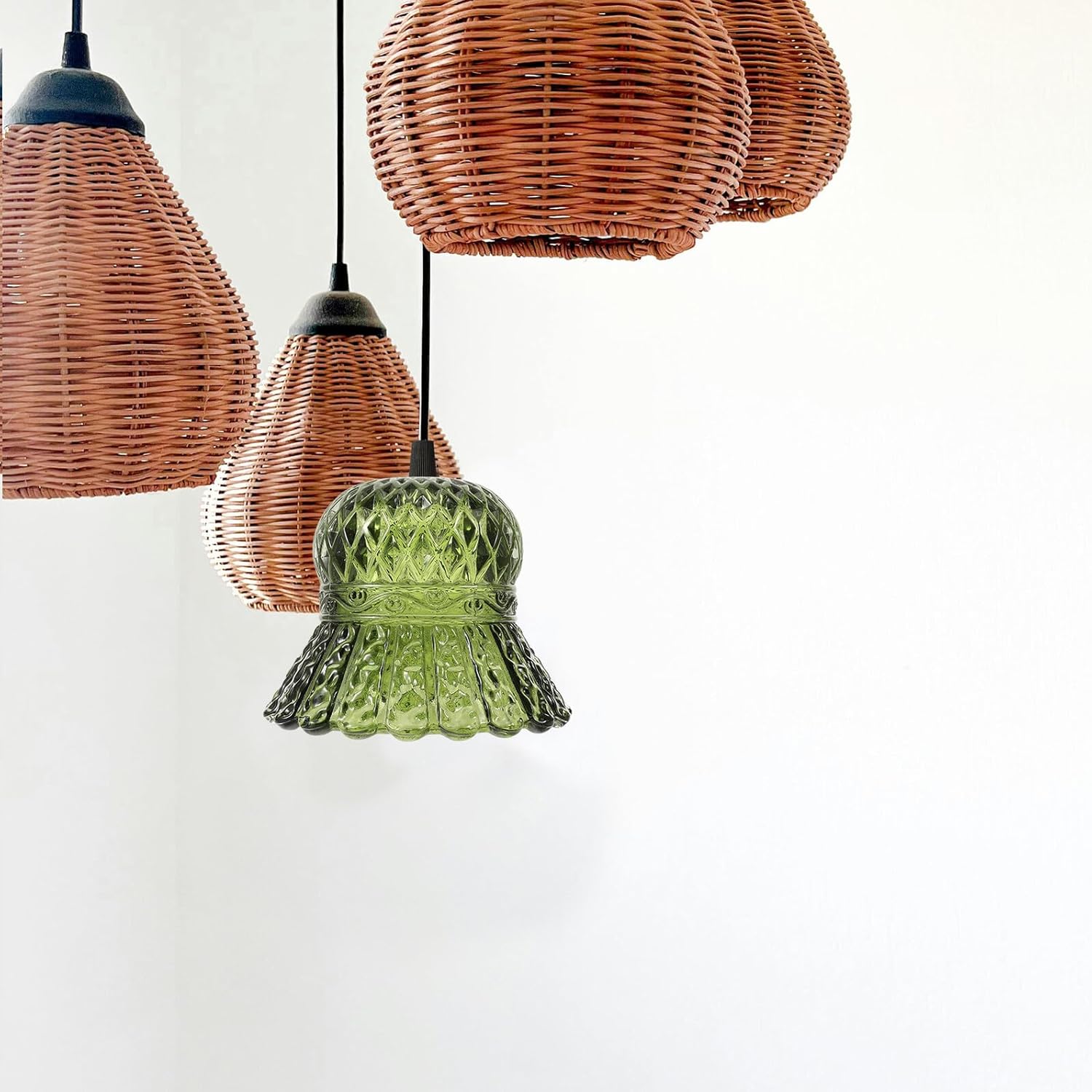 Garneck Vintage Green Glass Shade Lamp Replacement Fitter Tulip Flower Light Cover Compatible with Table Floor Pendant Lamps Retro Scalloped Design for Bedroom Library Decor