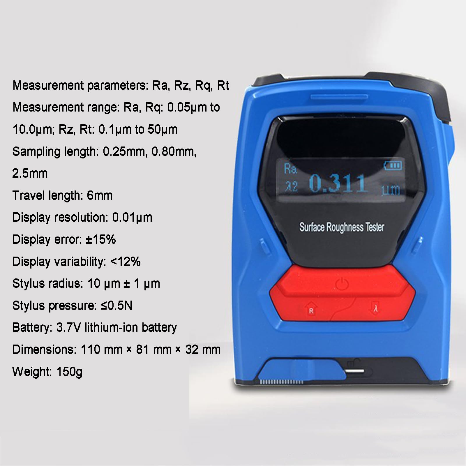 Misuratore di profilo portatile del tester di rugosità di superficie, gamma di misura Ra, Rq: 0.05-10.0μm, precisione 0.01μm, doppio display, blocco di calibrazione standard, ricaricabile