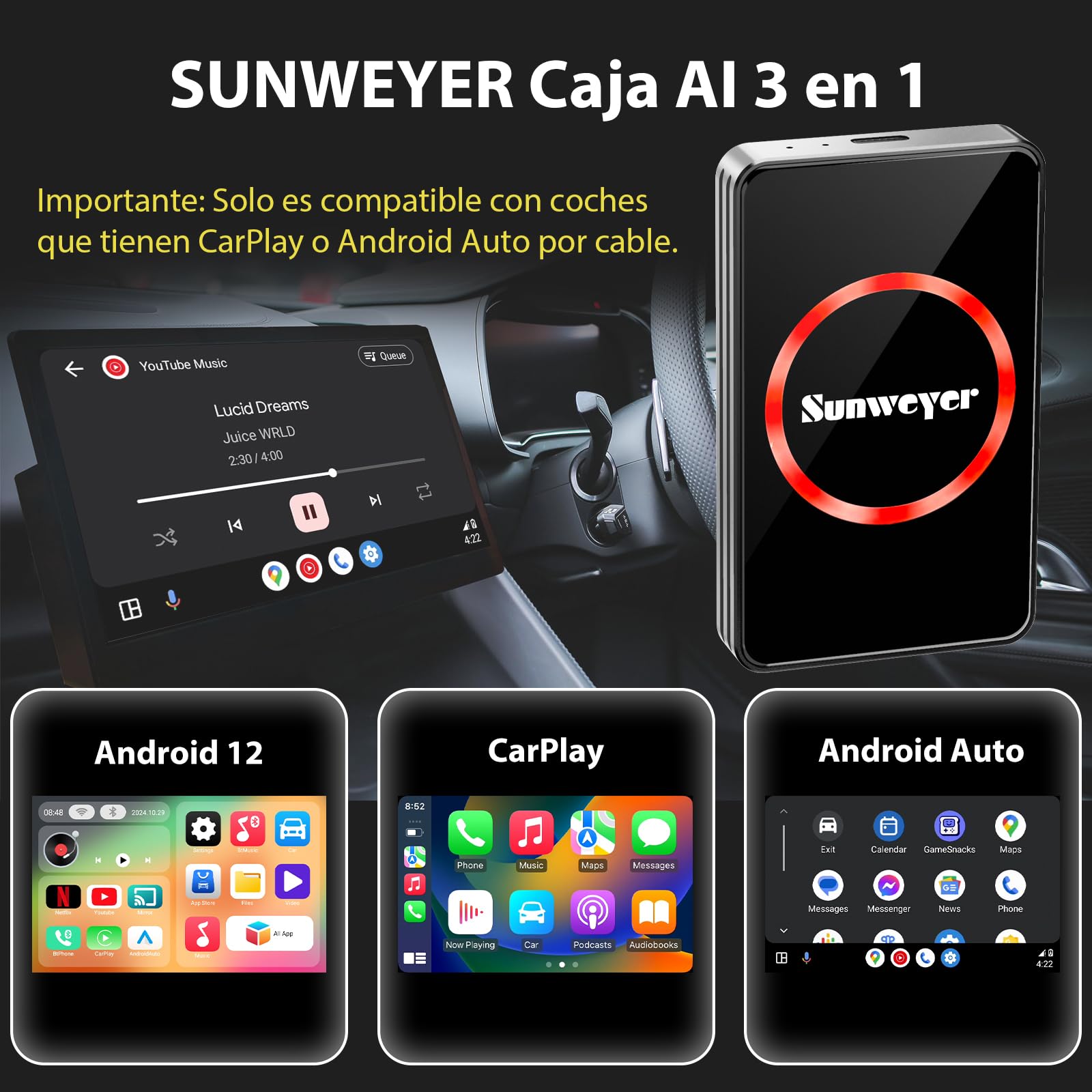 Sunweyer Adaptador inalámbrico CarPlay para Coche, Dispositivo de transmisión Ai Box, Compatible con Netflix, Youtube, Hulu, Disney+, Adaptador Inalámbrico Android Auto, 3 EN 1, Doble WiFi