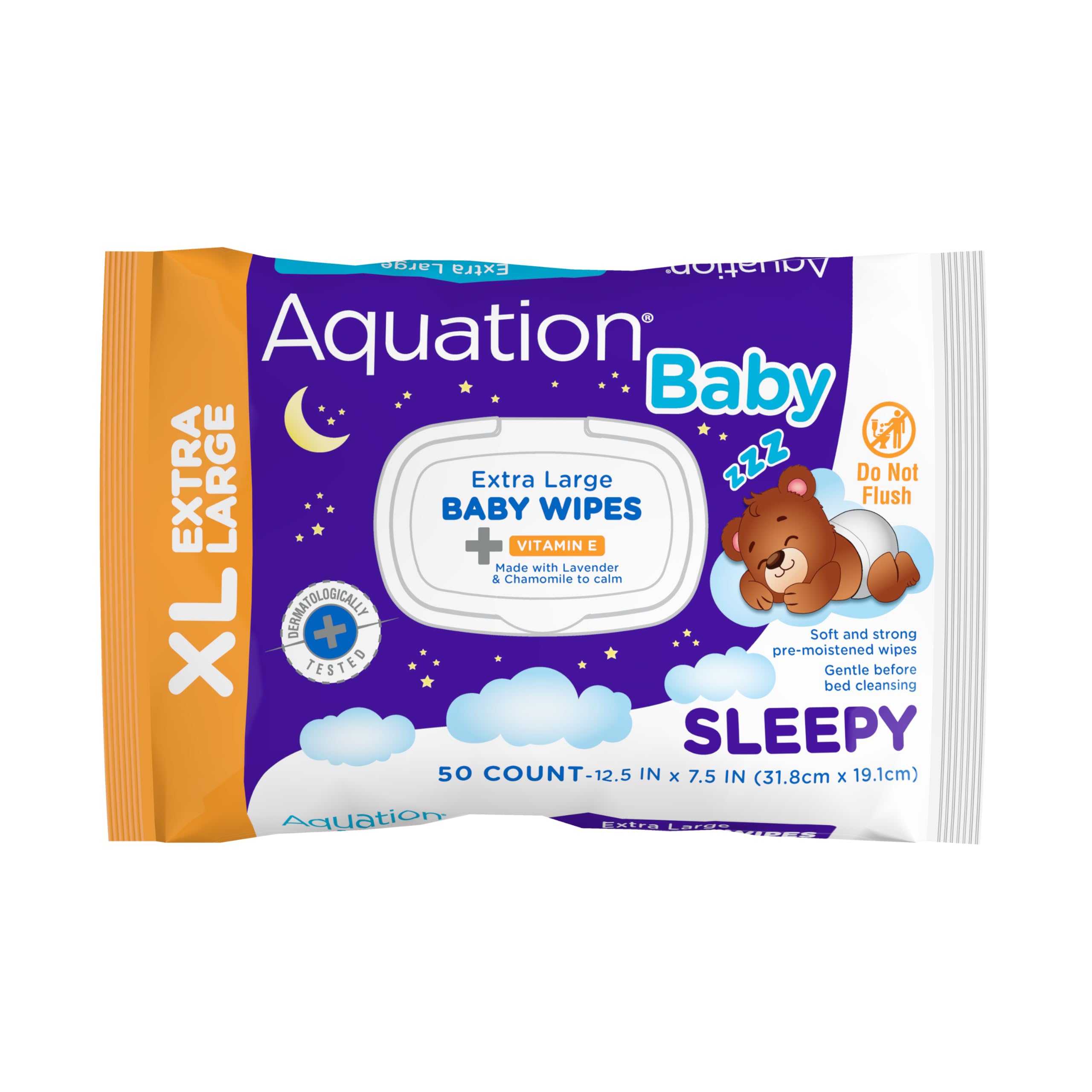 Baby XL Sleepy Wipes - Toallitas extra grandes con aroma a lavanda de 12.5 x 7.5 pulgadas con vitamina E y manzanilla, hipoalergénicas, dermatológicas, cuidado suave equilibrado con pH (50