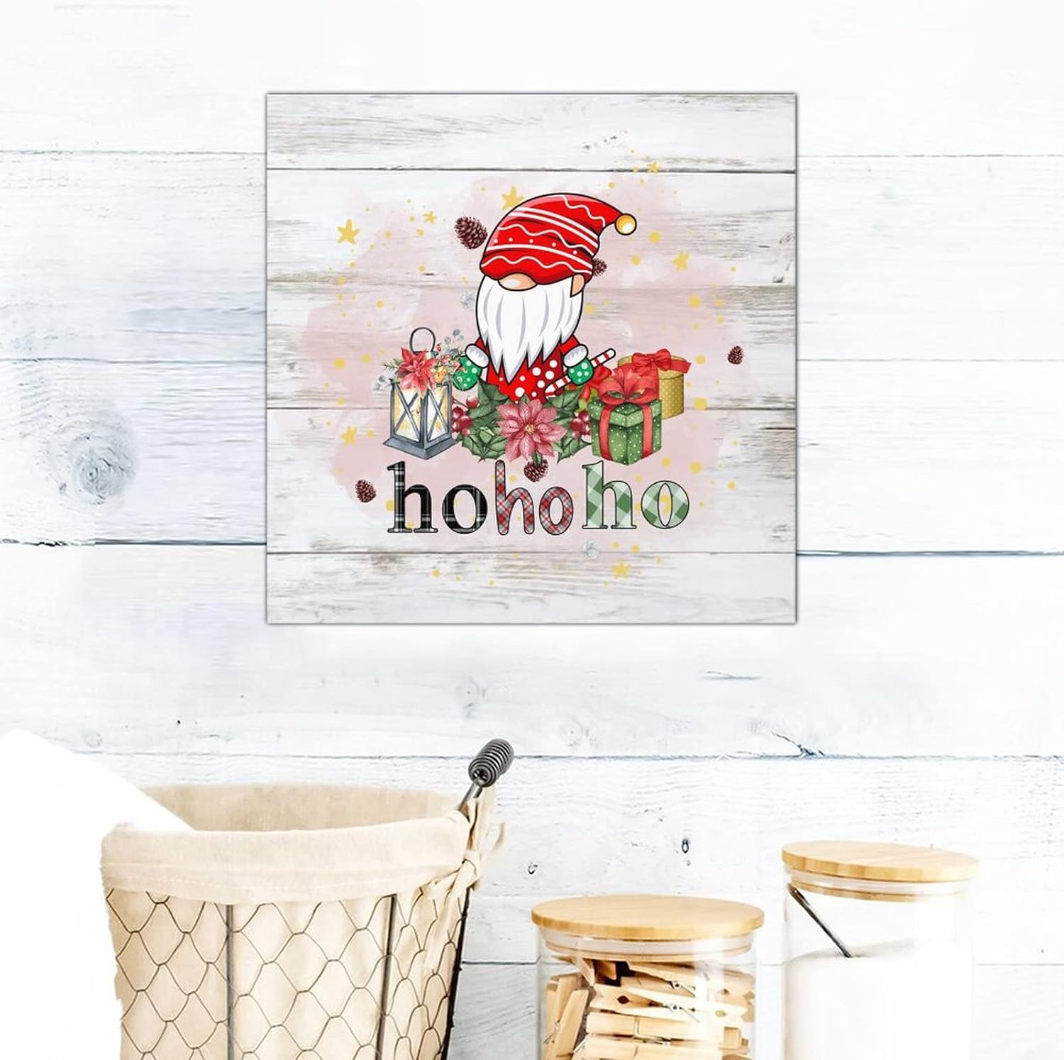 Buffalo Plaid Christmas Hohoho Wooden Sign Winter Gnome Together Porch Sign Retro Holy Night Wall Art Hanging Decor For Home Bedroom Living Room Bathroom Housewarming Gift 16x16in