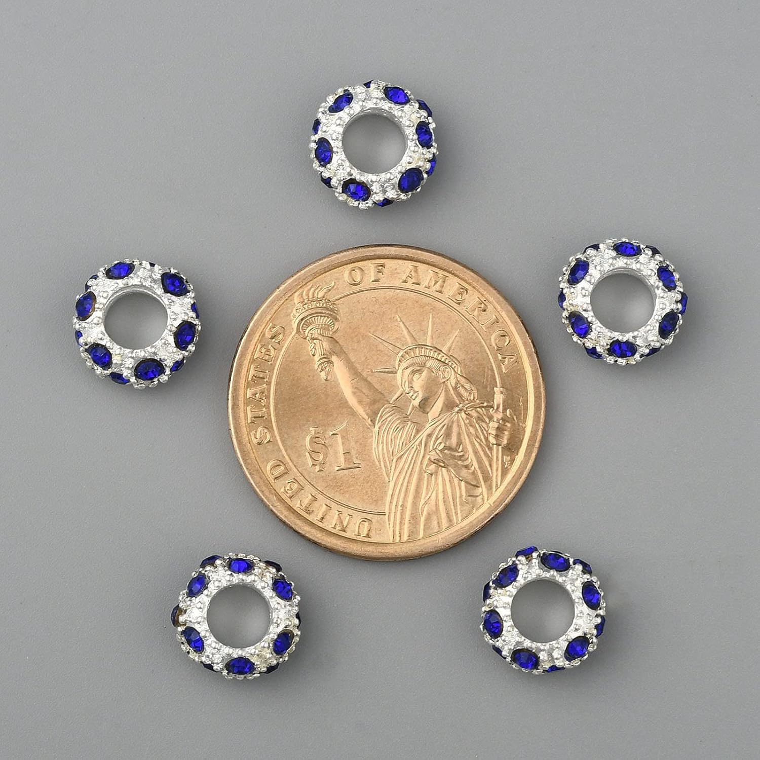 Craftdady 100pcs Rhinestone European Beads Silver Rondelle Large Hole Spacer Beads 11x6mm for Macrame Leather Braided Jewelry Necklace Bracelet Making, Blue (5mm Hole)
