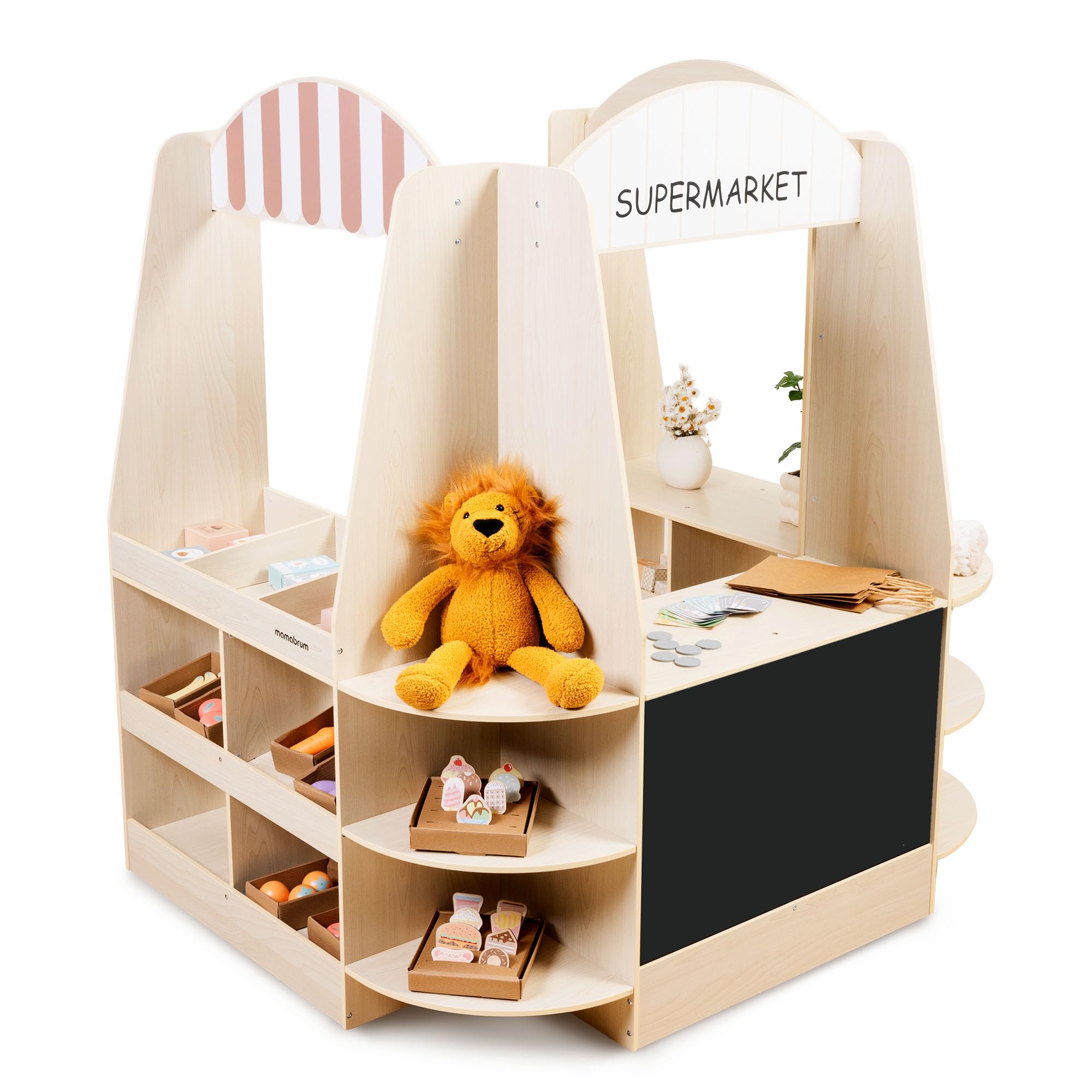 Mamabrum Grande Negozio di Legno per Bambini - 91 Pezzi per Gioco di Shopping con Lavagna, Frutta Verdura Cassa Accessori Educativi Divertimento 3+