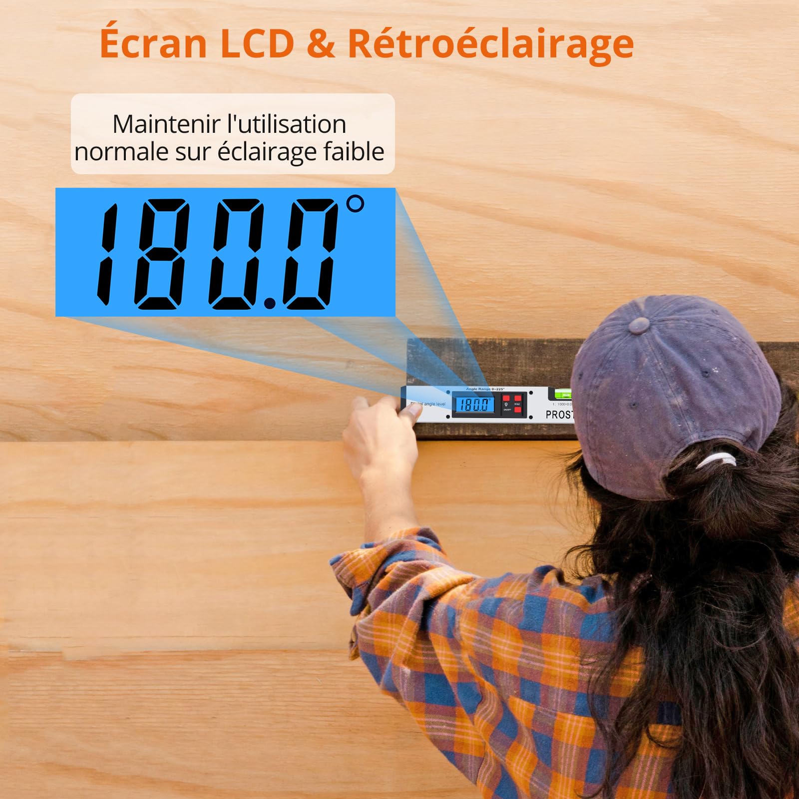 Proster Rapporteur d’Angle Numérique 0–225° - Règle d’Angle 400 mm / 16 Pouces avec LCD Rétroéclairé, HOLD, Niveaux à Bulle, Fausse Équerre pour Menuiserie, Charpente, Bricolage (Argent)