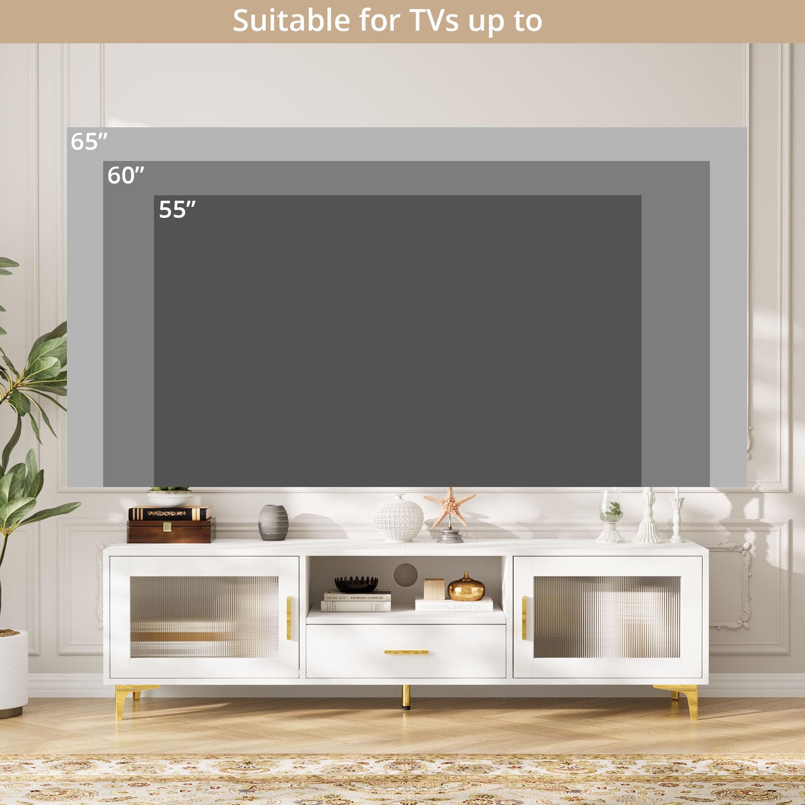 VOWNER Mobile TV, TV Basso fino a 65", Mobile TV con Vano Portaoggetti Aperto, Tavolo TV con Cassetti, Adatto per Coggiorno e Camera da Letto, 150 x 35 x 43 cm, Bianco