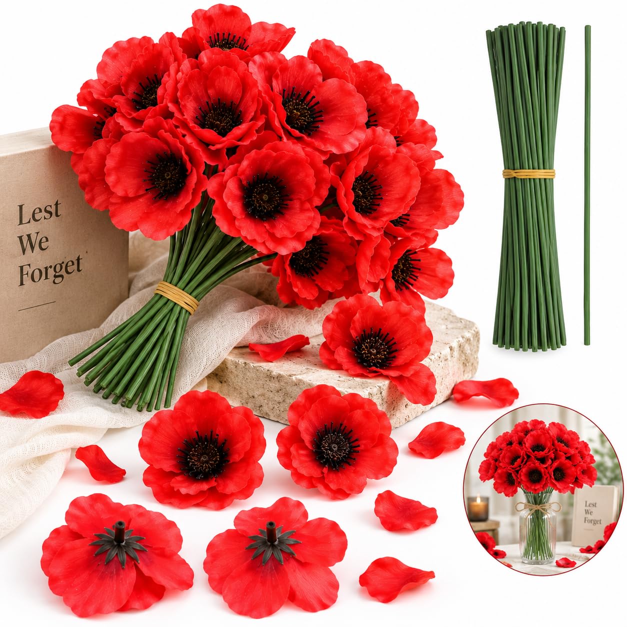 GZJGMY Remembrance Day Decorations, 60 Pcs Red Artificial Fake Flowers, with 60Pcs Stems