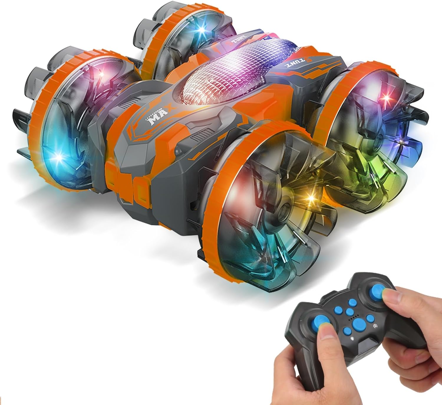 Amphibious Remote Control Stunt Car with Colorful LED Wheels for Kids 6+, 4WD Double-Sided RC Stunt Car, 2.4GHz Remote, 360° Flip, Waterproof Off-Road Vehicle Toy for Boys Girls Birthday Gift