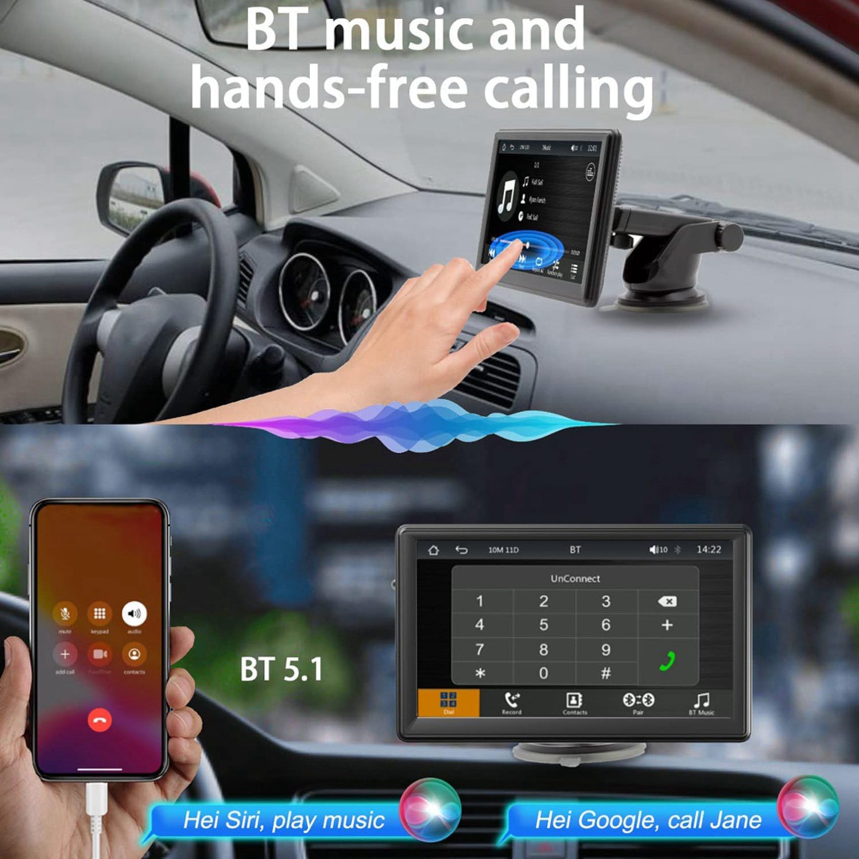 2X Supporto da Cruscotto per Schermo Carplay Wireless Portatile, Autoradio Bluetooth con Touch Screen da 7 Pollici, Autoradio FM, Fotocamera Posteriore, USB