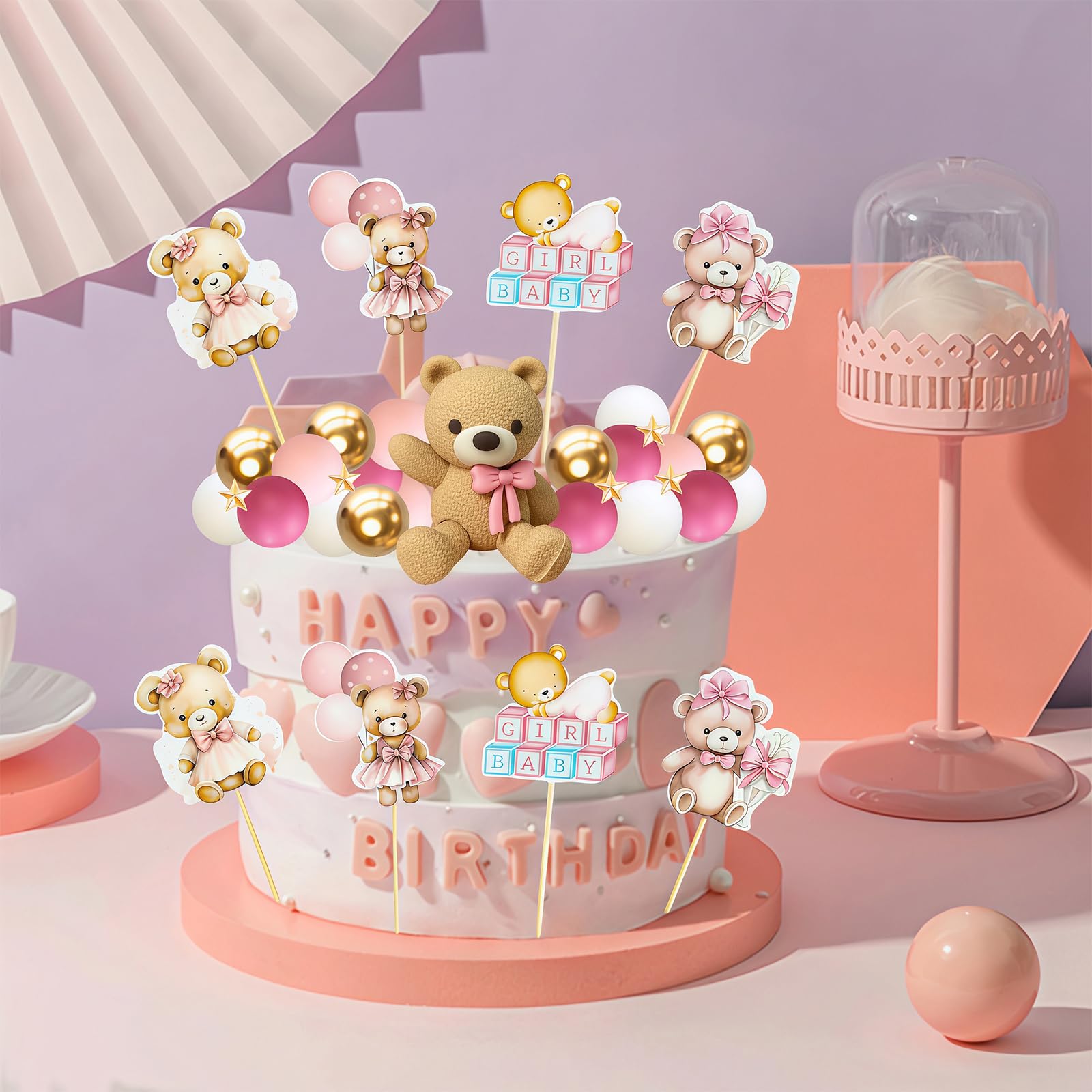 Bear Cake Decoration, 38 pcs Beige Brown Balls Cake Decoration, Luxury Baby Shower, Topper Boho Cake - Image 3