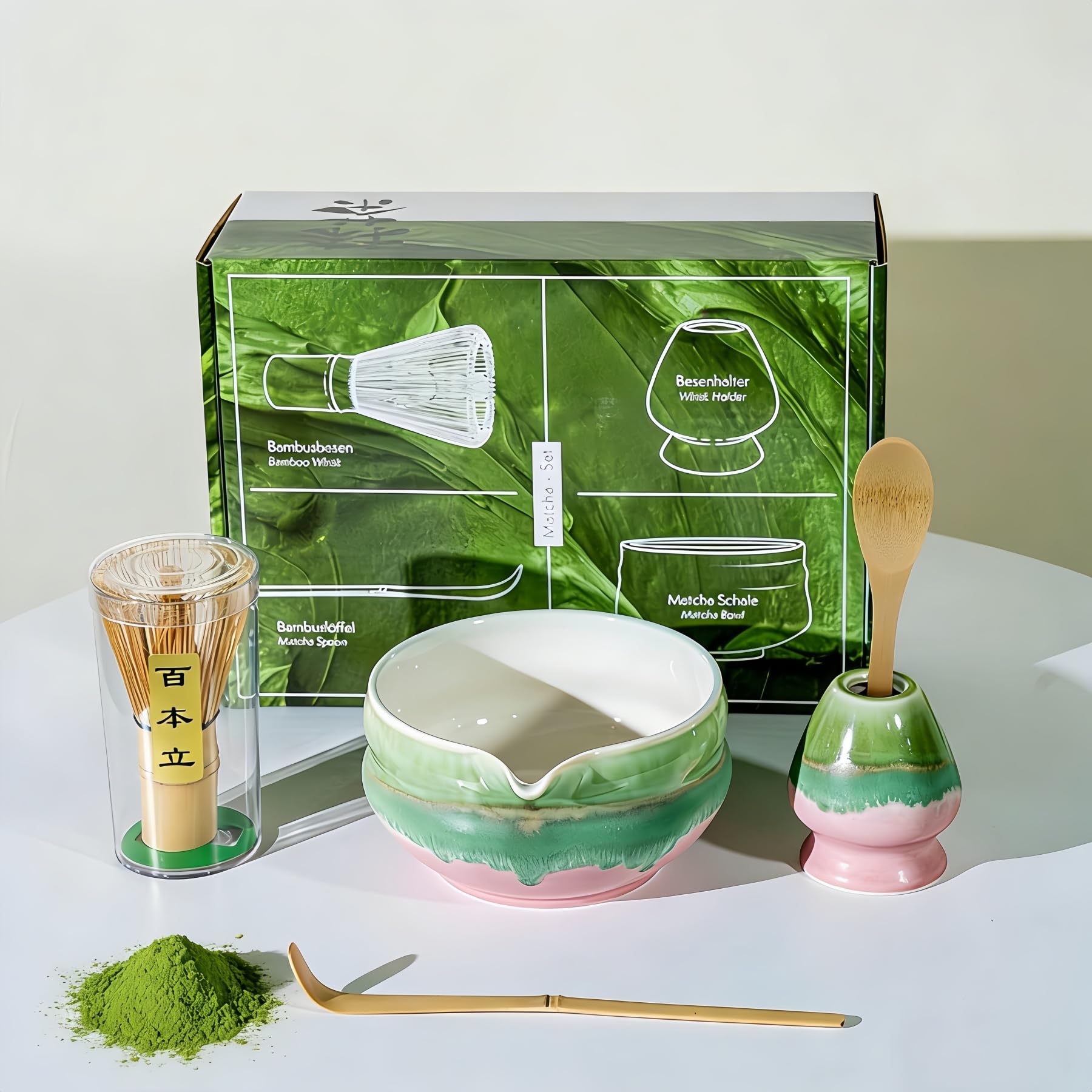 Dmnnlp 5pcs Matcha Whisk Set, Matcha Tea Set with Whisk and Bowl, Ceramic Whisk Holder, Scoop, Matcha Making Kit for Traditional Japanese Tea Ceremony (Green Pink)